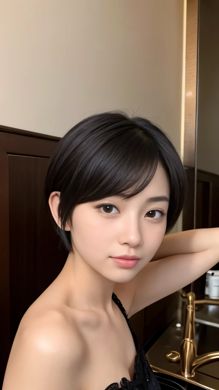 Best-quality, Masterpiece, Ultra-High-Resolution, (Photorealistic:1.4), Raw-Photo, Extremely-Detailed, Perfect-Anatomy, 1girls, 18-years-old, the most popular Japanese-idol, relaxing at luxury-hotel-suite, completely-drunk, extremely cute face like a most famous Japanese-idol, extremely beautiful big-black-eyes, extremely beautiful black-short-cut-haired, extremely beautiful lips, (extremely beautiful skins, extremely realistic skins), detailed luxury-hotel-suite, detailed completely-drunk