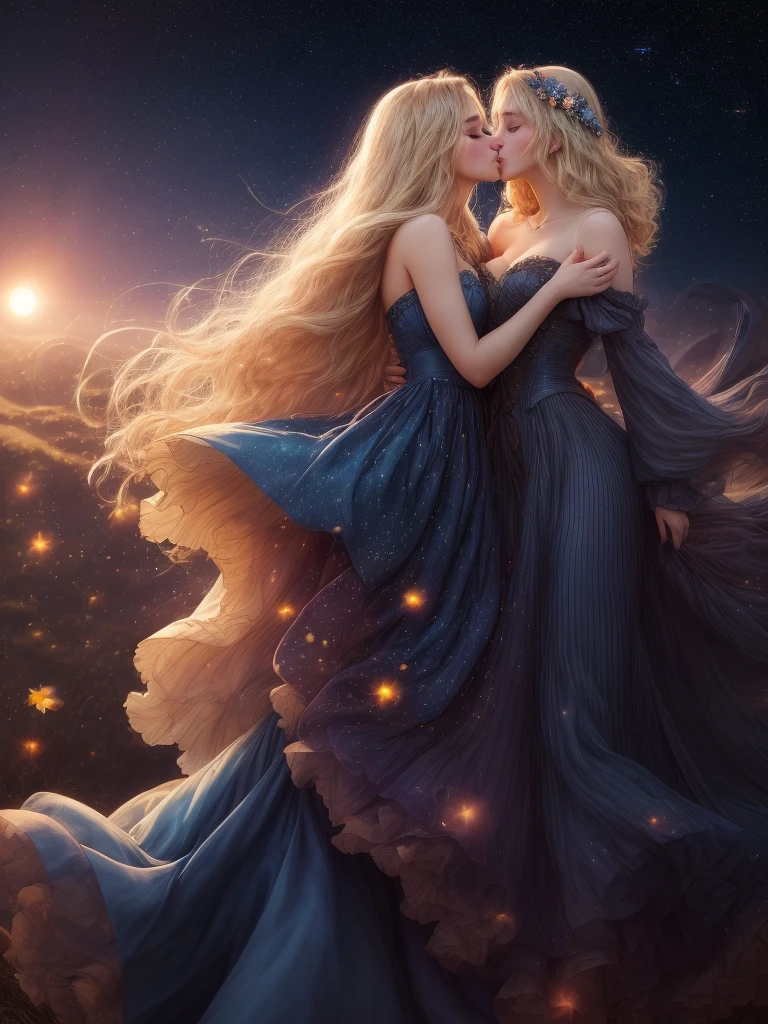 (best quality, masterpiece), young woman, pose, particle, wind, flower, upper body, night eclipse background, looking at viewer, long straight windblown blonde hair, detailded blue eyes, medieval princess blue dress, galaxy, backlit, rimlight, beautiful artwork, perfect composition, (2girls, cheek to cheek, kiss:1.2)