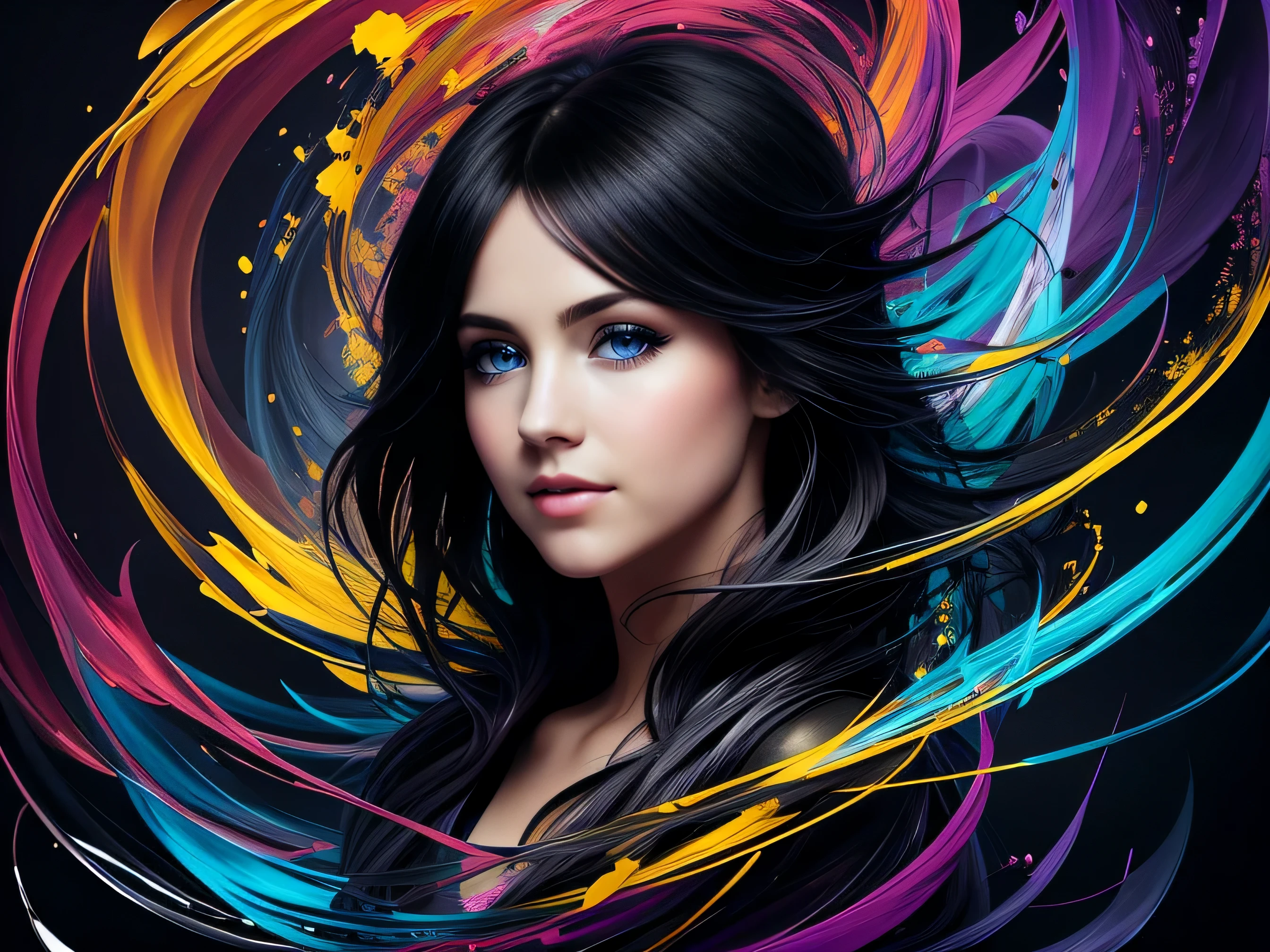 Colorful beautiful girl: 28-years old, messy hair, oil painting, nice perfect face with soft skin, nice perfect face, blue and yellow colors, light purple and violet additions, light red additions, intricate detail, splash screen, 8k resolution, masterpiece, cute face,artstation digital painting smooth veryBlack ink flow: 8k resolution photorealistic masterpiece: intricately detailed fluid gouache painting: by Jean Baptiste Mongue: calligraphy: acrylic: watercolor art, professional photography, natural lighting, volumetric lighting maximalist photoillustration: by marton bobzert:, complex, elegant, expansive, fantastical, wavy hair, vibrant, Best quality details, realistic, High definition, High quality texture, epic lighting, Cinematic film still, 8k, soft lighting, anime style, masterful playing card border, random Colorful art, oil painting, blue yellow colors, light purple and violet additions, light red additions, intricate detail, splash screen, 8k resolution, masterpiece, artstation digital painting smooth veryBlack ink flow: 8k resolution photorealistic masterpiece: intricately detailed fluid gouache painting: by Jean Baptiste Mongue: calligraphy: acrylic: watercolor art, professional photography, natural lighting, volumetric lighting maximalist photoillustration: by marton bobzert:, complex, elegant, expansive, fantastical, vibrant, ((dark plain black background:1.4))