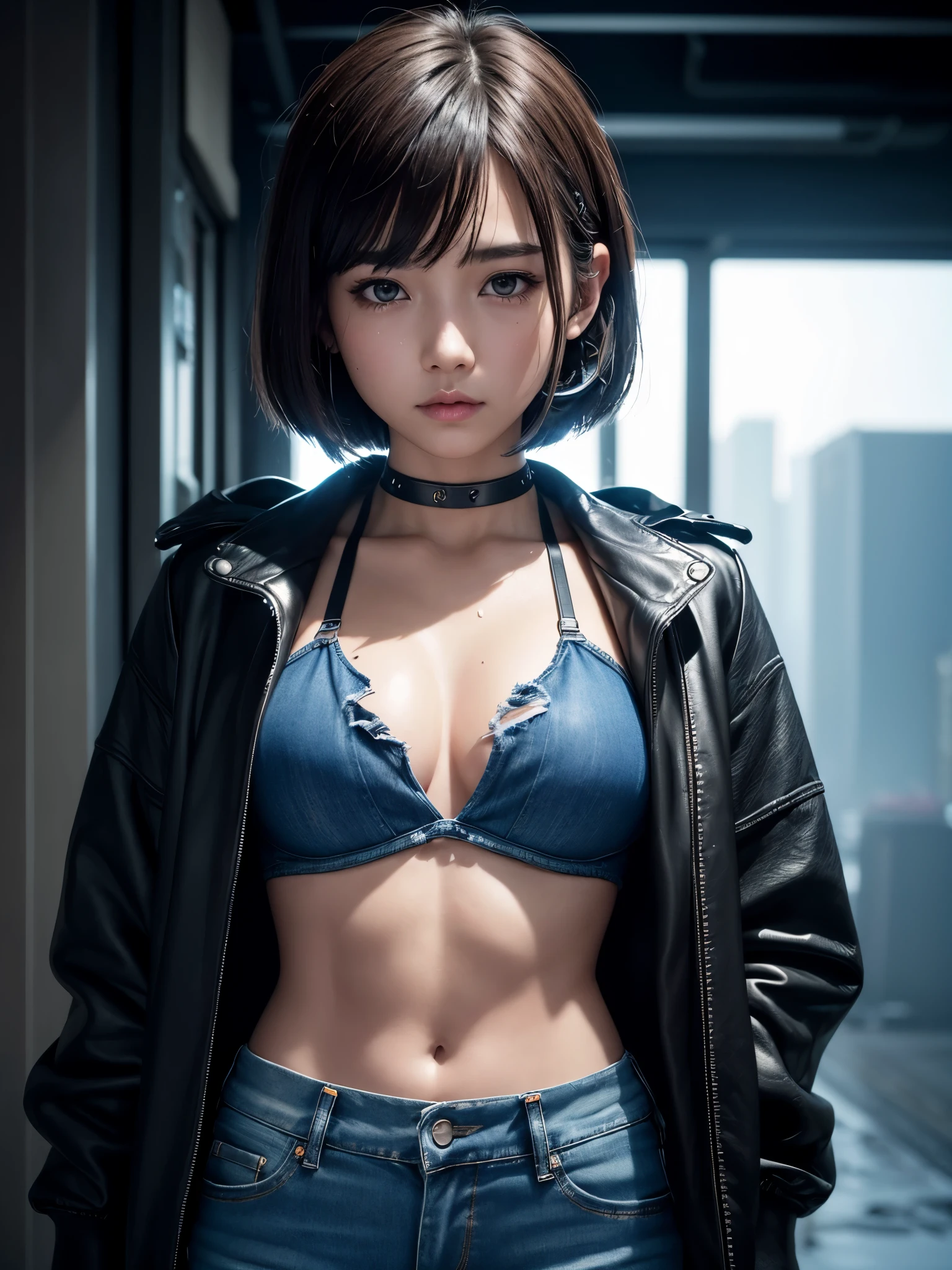 8K、master piece、highest quality、highest level、Highest image quality、muste piece、intricate details、high resolution、depth field、Natural light、professional lighting、(1 person)、solo、asian boyish girl、(cute:1.2)、very beautiful 18 year old cartoon girl、(high detail skin: 1.2)、Photorealistic anime girl rendering、Realistic anime 3D style、short bob cut、、beautiful light brown hair、強烈なblack eyes、strong eye highlights、very big breasts、perfect anatomy、(Torn and tattered damaged denim hot pants)、Wearing shorts、choker、hands behind the back、beautiful brown hair、short hair、crossed bangs、asymmetrical bangs、short bob cut、stick out ears、eyelashes、black eyes、crying and crying、(sophisticated headphones)、(Tattoo on the chest)、Body shiny with oil、Black leather jacket、(metallic bra)、Damaged blue short denim hot pants、it's raining、The body gets wet from the rain、Decadent and futuristic urban area in the evening、(cyberpunk city)、(Lightning is glowing)、(Flashing blue and purple neon tubes)、