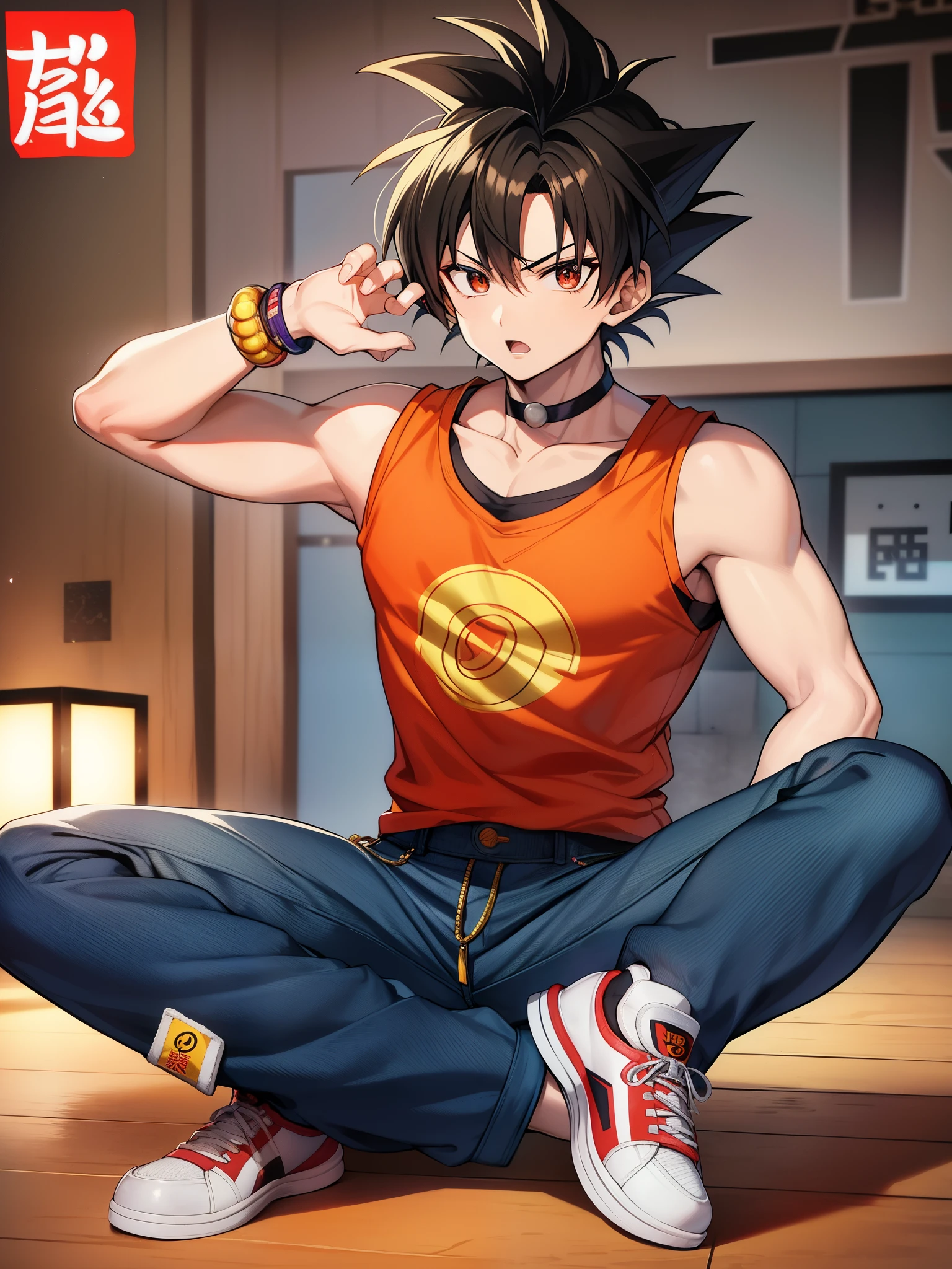 Son Goku from Dragon Ball、Great Hahion graffiti clothes、trendy clothes、Tide Brand、Black and black jacket、vest、denim pants、Lunette de Soleil、bracelet、ear studs、ornaments、athletic sneakers、with tattoo、choker necklace、super high quality、highest quality、masterpiece、ultra high resolution、Incandescent Super Saiyan、secondary elements、鸟山明风格、1990s、comics、