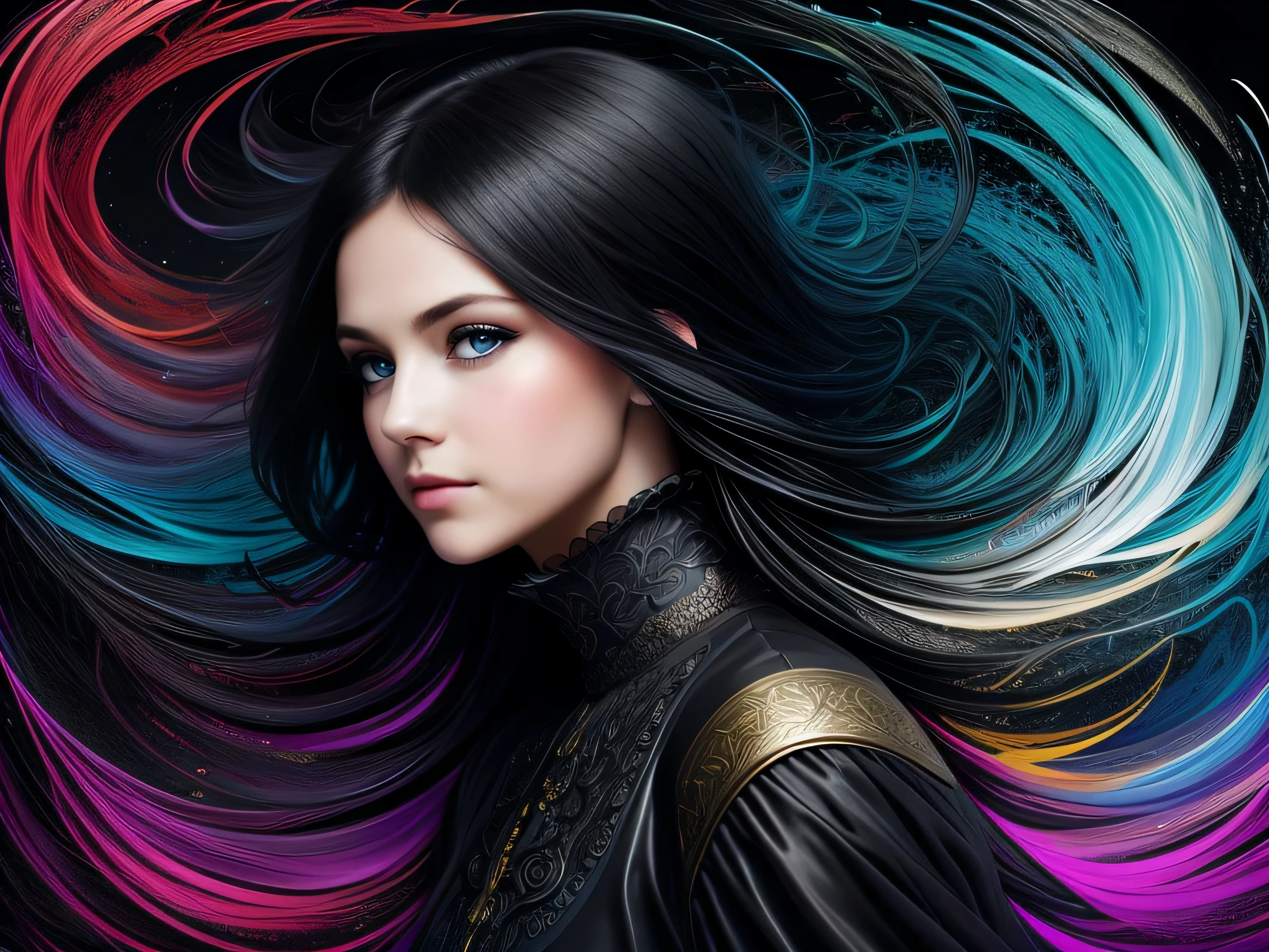 Colorful beautiful girl: 28-years old, messy hair, oil painting, nice perfect face with soft skin, nice perfect face, blue and yellow colors, light purple and violet additions, light red additions, intricate detail, splash screen, 8k resolution, masterpiece, cute face,artstation digital painting smooth veryBlack ink flow: 8k resolution photorealistic masterpiece: intricately detailed fluid gouache painting: by Jean Baptiste Mongue: calligraphy: acrylic: watercolor art, professional photography, natural lighting, volumetric lighting maximalist photoillustration: by marton bobzert:, complex, elegant, expansive, fantastical, wavy hair, vibrant, Best quality details, realistic, High definition, High quality texture, epic lighting, Cinematic film still, 8k, soft lighting, anime style, masterful playing card border, random Colorful art, oil painting, blue yellow colors, light purple and violet additions, light red additions, intricate detail, splash screen, 8k resolution, masterpiece, artstation digital painting smooth veryBlack ink flow: 8k resolution photorealistic masterpiece: intricately detailed fluid gouache painting: by Jean Baptiste Mongue: calligraphy: acrylic: watercolor art, professional photography, natural lighting, volumetric lighting maximalist photoillustration: by marton bobzert:, complex, elegant, expansive, fantastical, vibrant, ((dark plain black background:1.4))