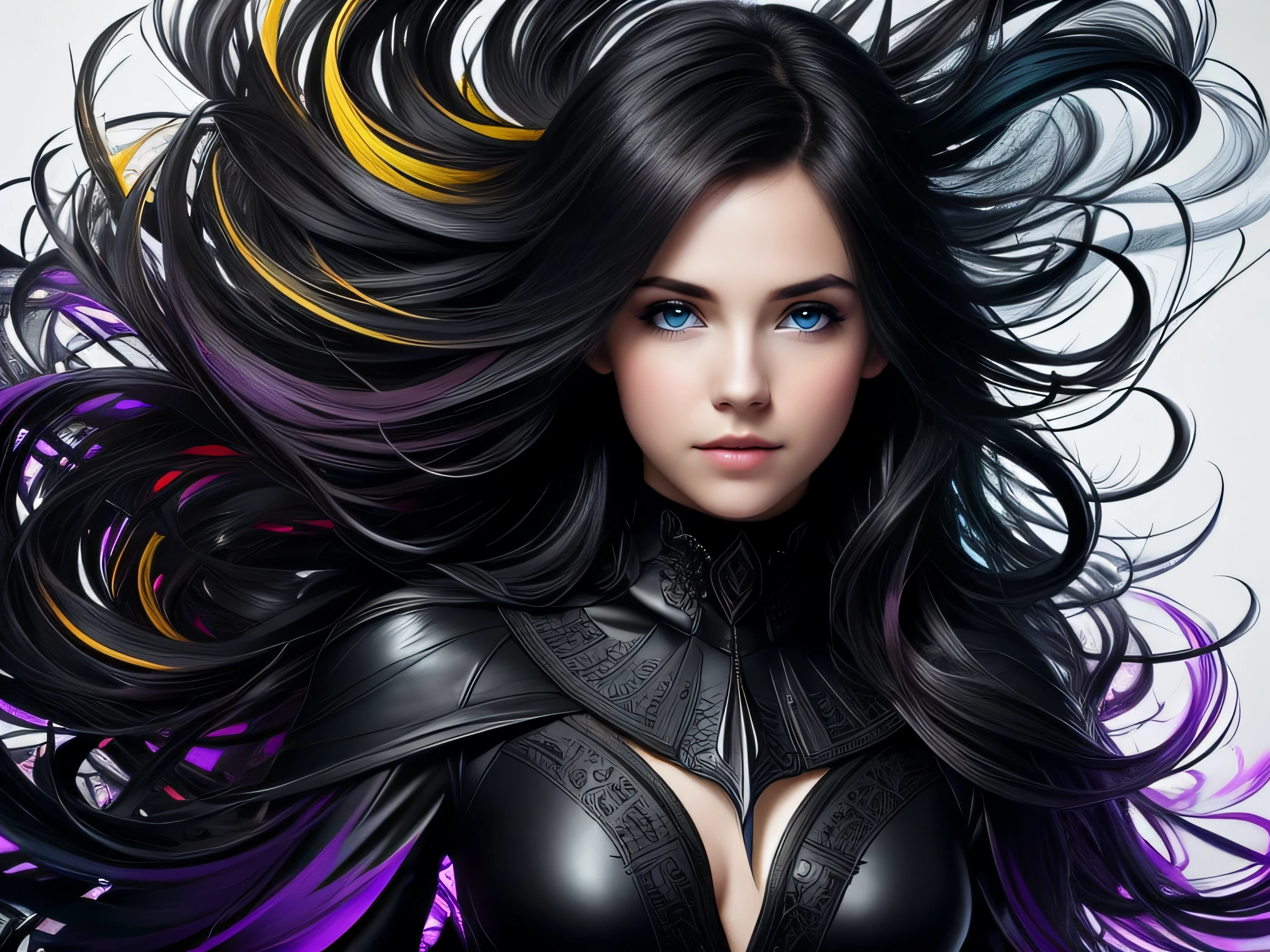 Colorful beautiful girl: 28-years old, messy hair, oil painting, nice perfect face with soft skin, nice perfect face, blue and yellow colors, light purple and violet additions, light red additions, intricate detail, splash screen, 8k resolution, masterpiece, cute face,artstation digital painting smooth veryBlack ink flow: 8k resolution photorealistic masterpiece: intricately detailed fluid gouache painting: by Jean Baptiste Mongue: calligraphy: acrylic: watercolor art, professional photography, natural lighting, volumetric lighting maximalist photoillustration: by marton bobzert:, complex, elegant, expansive, fantastical, wavy hair, vibrant, Best quality details, realistic, High definition, High quality texture, epic lighting, Cinematic film still, 8k, soft lighting, anime style, masterful playing card border, random Colorful art, oil painting, blue yellow colors, light purple and violet additions, light red additions, intricate detail, splash screen, 8k resolution, masterpiece, artstation digital painting smooth veryBlack ink flow: 8k resolution photorealistic masterpiece: intricately detailed fluid gouache painting: by Jean Baptiste Mongue: calligraphy: acrylic: watercolor art, professional photography, natural lighting, volumetric lighting maximalist photoillustration: by marton bobzert:, complex, elegant, expansive, fantastical, vibrant, ((dark plain black background:1.4))
