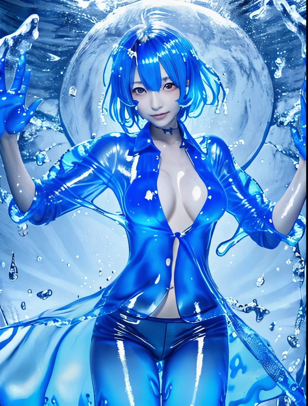 (hight resolution,masutepiece:1.2),Ultra-detailed,(Realistic:1.37), cowboy shot, Slime Girl,covered in blue slime, (partially transparent), (Wet with water), (blue sweat), Slimy blue liquid dripping from her body. Her hair is also covered in blue slime. blue slime scatters, Blue hair, blue eyess