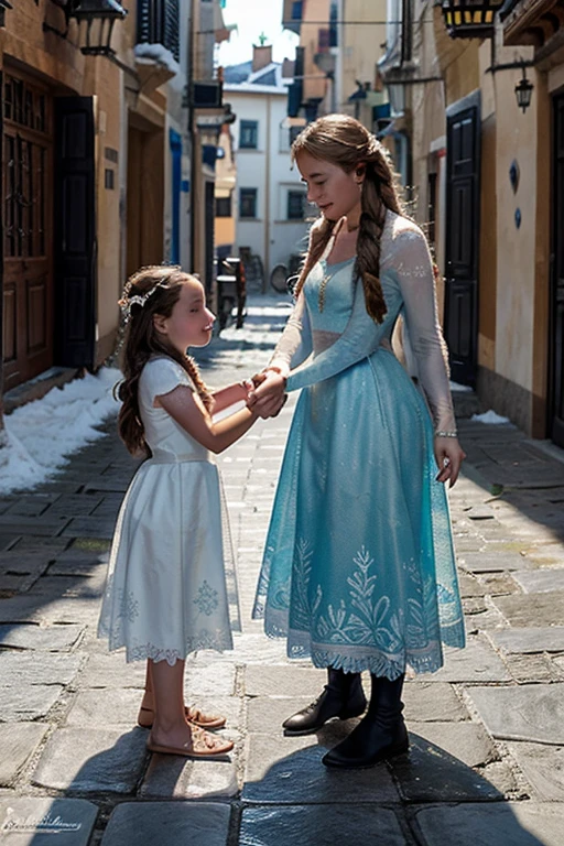 two children, uma de seis anos e outra de cinco anos, hand in, encontram Elsa e Ana em Arandel em Frozen.
