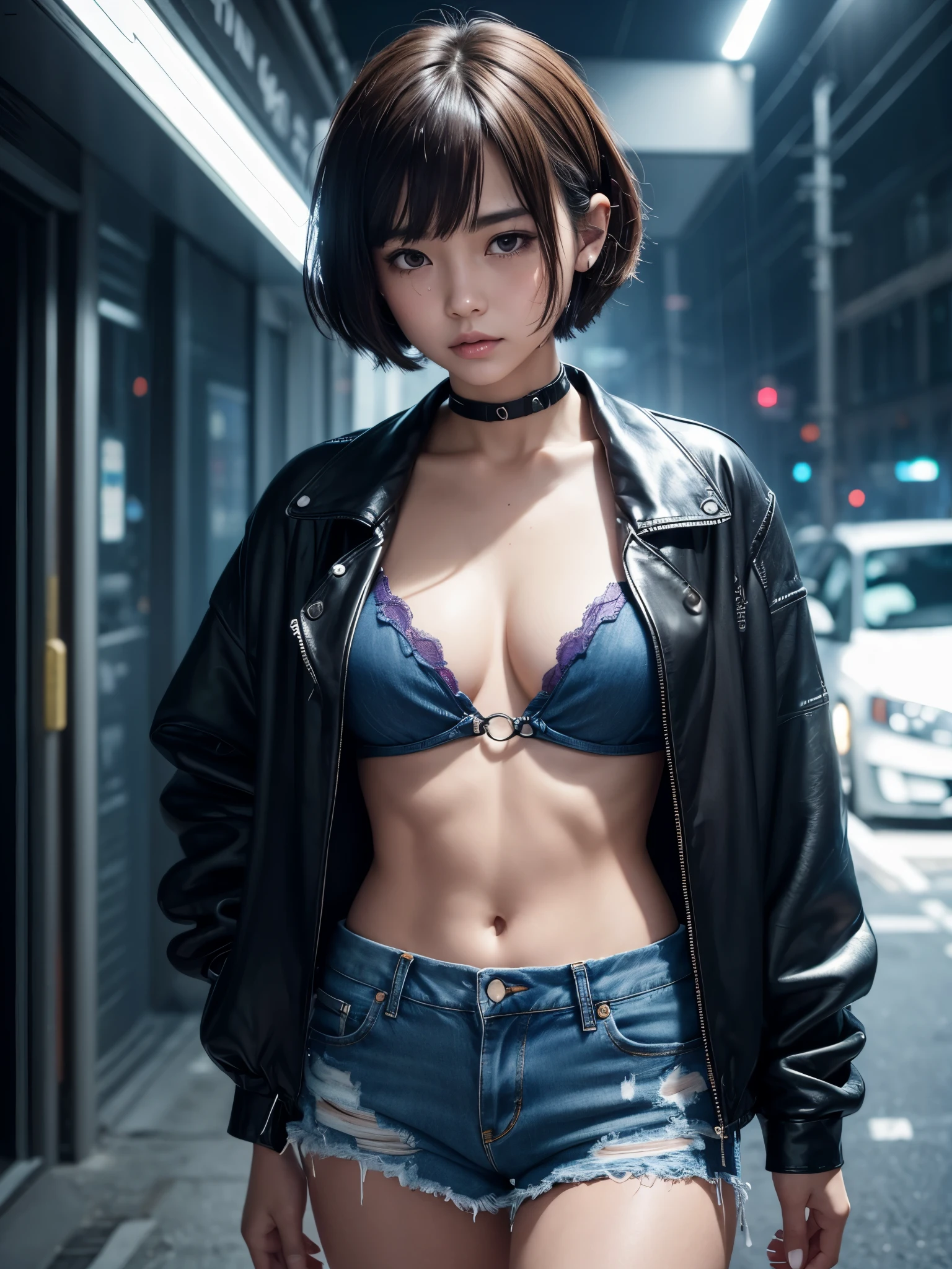 8K、master piece、highest quality、highest level、Highest image quality、muste piece、intricate details、high resolution、depth field、Natural light、professional lighting、(1 person)、solo、asian boyish girl、(cute:1.2)、very beautiful 18 year old cartoon girl、(high detail skin: 1.2)、Photorealistic anime girl rendering、Realistic anime 3D style、short bob cut、、beautiful light brown hair、強烈なblack eyes、strong eye highlights、very big breasts、perfect anatomy、(Torn and tattered damaged denim hot pants)、Wearing shorts、choker、hands behind the back、beautiful brown hair、short hair、crossed bangs、asymmetrical bangs、short bob cut、stick out ears、eyelashes、black eyes、crying and crying、(sophisticated headphones)、(Tattoo on the chest)、Body shiny with oil、Black leather jacket、(metallic bra)、Damaged blue short denim hot pants、it's raining、The body gets wet from the rain、Decadent and futuristic urban area in the evening、(cyberpunk city)、(Futuristic cars、flashing red light)、(Lightning is glowing)、(Flashing blue and purple neon tubes)、