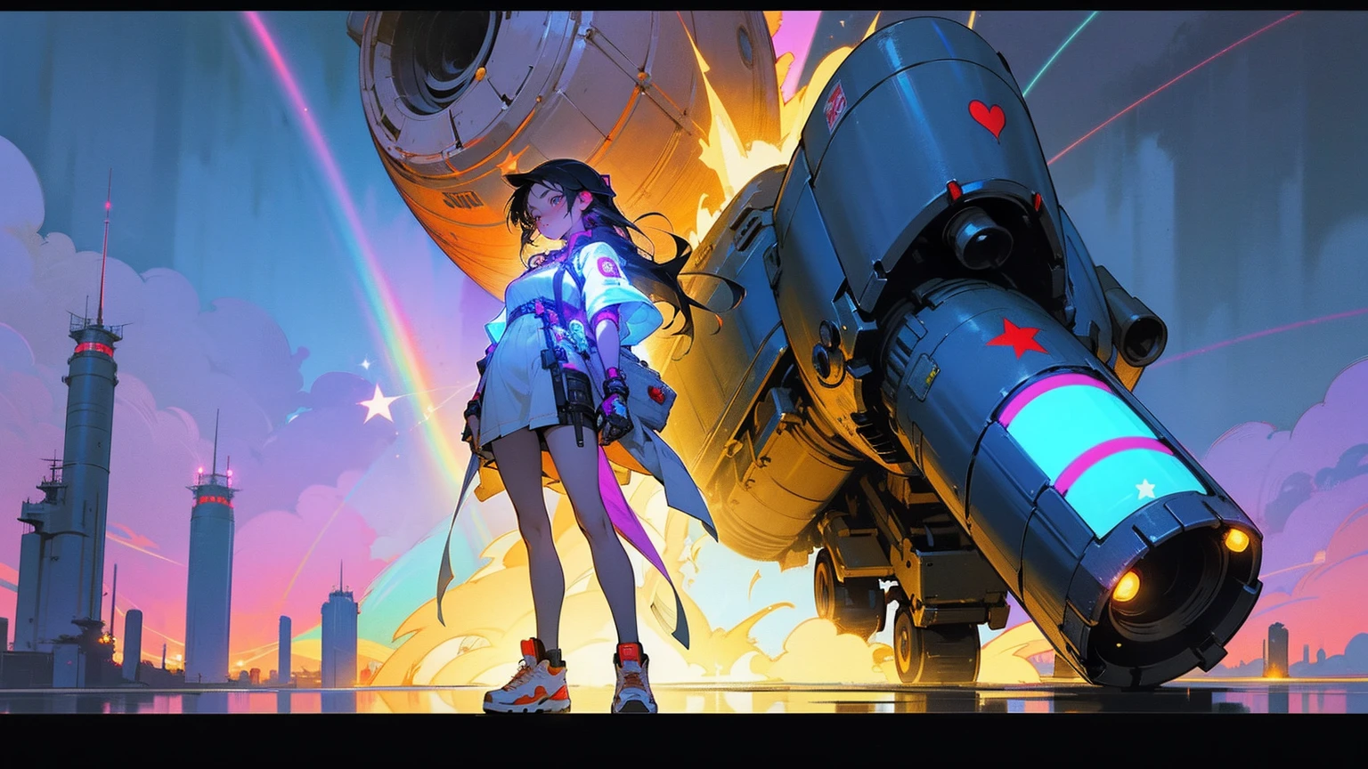 A Full Body Shot Of An Anime Manga Gypsy Woman, Dark Hair, Star Tattoos On Her Body, Heart Hands, Holding A Really Big Military Rocket Cannon On Her Shoulder. She Is Wearing Cyberpunk Summer Clothing And Futuristic Sneakers, Beautiful Rainbow Glowing Radiant Cybernetic Energy With Vivid Bioluminescent Colors, Vibrant Lighting, A Neo-Tokyo-Style City, (It's A Fantastically Detailed Masterpiece), (Highest Artistic Quality).