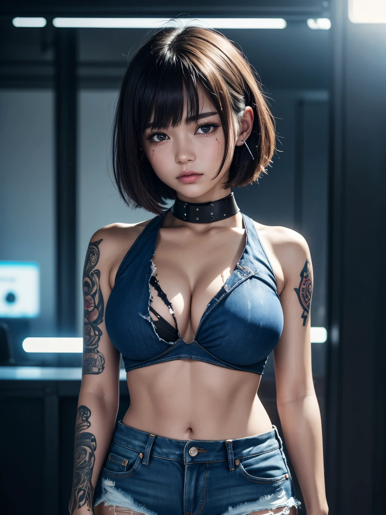 8K、master piece、highest quality、highest level、Highest image quality、muste piece、intricate details、high resolution、depth field、Natural light、professional lighting、(1 person)、solo、asian boyish girl、(cute:1.2)、very beautiful 18 year old cartoon girl、(high detail skin: 1.2)、Photorealistic anime girl rendering、Realistic anime 3D style、short bob cut、、beautiful light brown hair、強烈なblack eyes、strong eye highlights、very big breasts、perfect anatomy、(Torn and tattered damaged denim hot pants)、Wearing shorts、choker、hands behind the back、beautiful brown hair、short hair、crossed bangs、asymmetrical bangs、short bob cut、stick out ears、eyelashes、black eyes、crying and crying、(sophisticated headphones)、(Tattoo on the chest)、Body shiny with oil、Black leather jacket、(metallic bra)、Damaged blue short denim hot pants、it&#39;s raining、The body gets wet from the rain、Decadent and futuristic urban area in the evening、(cyberpunk city)、(Futuristic cars、flashing red light)、(Lightning is glowing)、(Flashing blue and purple neon tubes)、