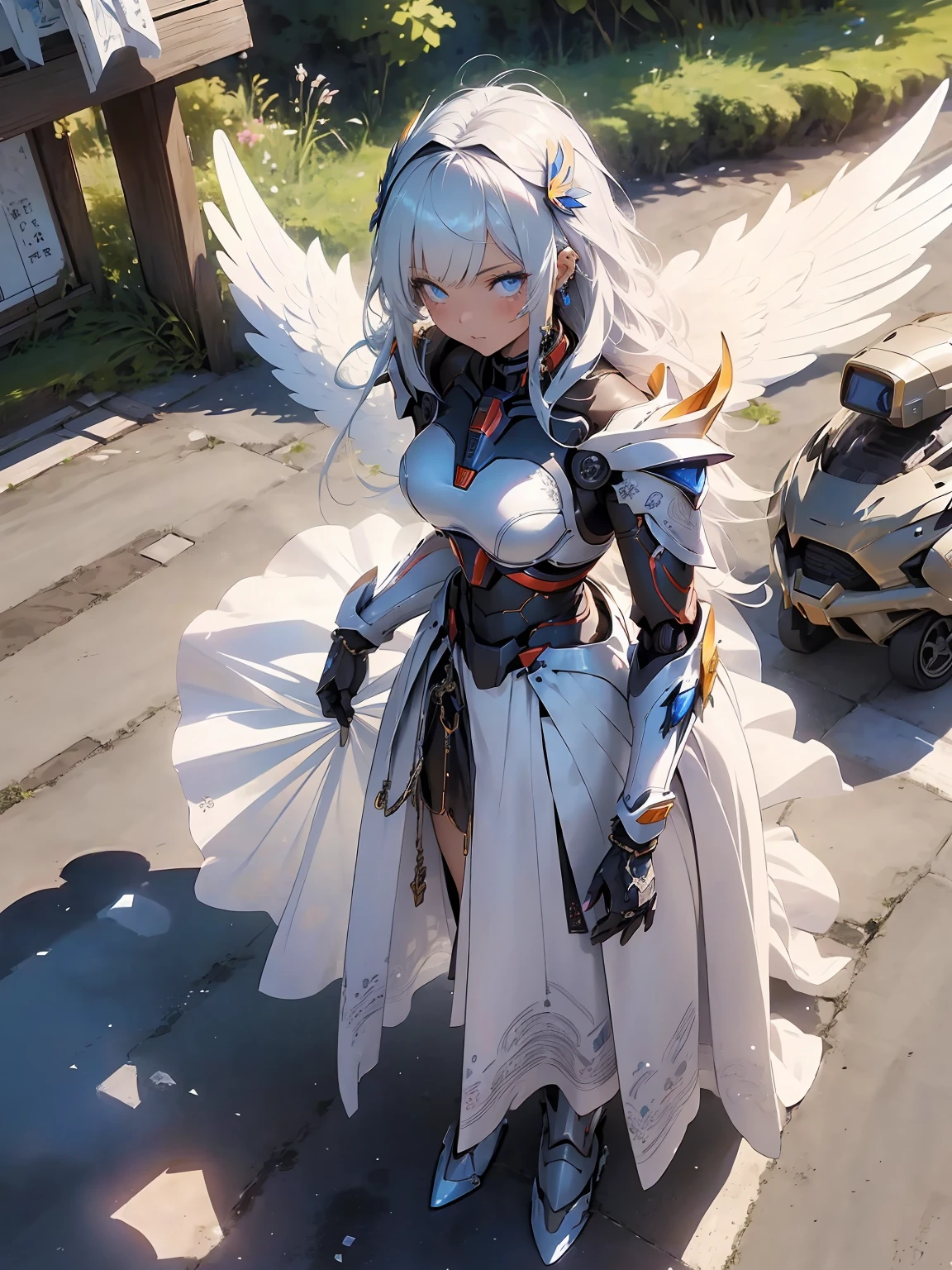 (delicate manga style:1.1), cool beauty, (one woman:1.0), (20-year-old:1.0), (small breasts:1.2), outdoor, Day, sunny, outdoorで飛ぶ, over european cities, (wide shot:1.0), (written boundary depth:1.1), (~ ~ side:0.7), (From above:1.0), Blake、(anime face:1.0), (clear blue eyes:1.0), (Cybernetic Genoid:1.1), (highly detailed mecha suit:1.3), (white gothic cuirass:1.2), (long silver hair:1.0), (white luxury wizard dress skirt:1.3), (decorative embroidery:1.0), (angel wings:1.1), closed mouth