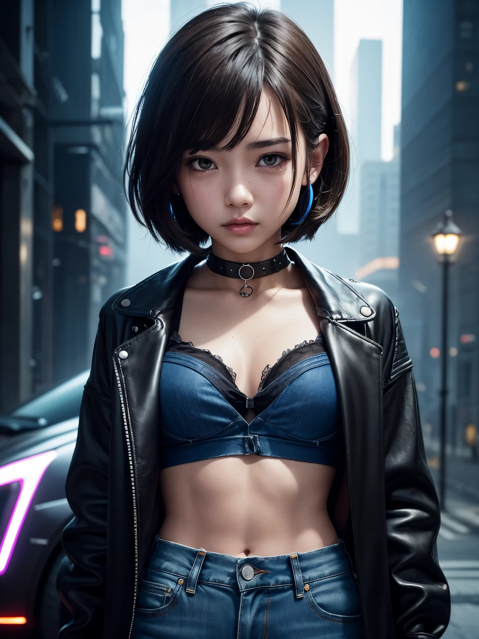 8K、master piece、highest quality、highest level、Highest image quality、muste piece、intricate details、high resolution、depth field、Natural light、professional lighting、(1 person)、solo、asian boyish girl、(cute:1.2)、very beautiful 18 year old cartoon girl、(high detail skin: 1.2)、Photorealistic anime girl rendering、Realistic anime 3D style、short bob cut、、beautiful light brown hair、強烈なblack eyes、strong eye highlights、very big breasts、perfect anatomy、(Torn and tattered damaged denim hot pants)、Wearing shorts、choker、hands behind the back、beautiful brown hair、short hair、crossed bangs、asymmetrical bangs、short bob cut、stick out ears、eyelashes、black eyes、crying and crying、(sophisticated headphones)、(Tattoo on the chest)、Body shiny with oil、Black leather jacket、(metallic bra)、Damaged blue short denim hot pants、it&#39;s raining、The body gets wet from the rain、Decadent and futuristic urban area in the evening、(cyberpunk city)、(Futuristic cars、flashing red light)、(Lightning is glowing)、(Flashing blue and purple neon tubes)、