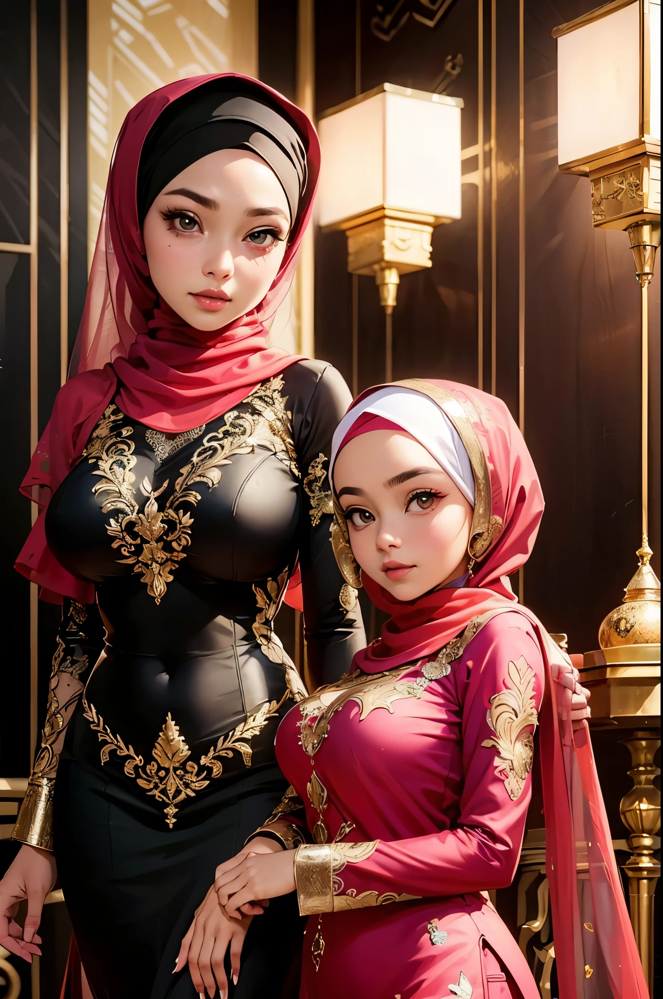 (beautifull indonesian and her younger sister with very large breast, wear detail luxury hijab),(detail kebaya), (elegant pose), detail house background, detail luxury floor, detail flower vase, detail luxury table, detail luxury stair, detail luxury lamp, beautifull face, pretty face, beautifull eyes, beautifull nose, polished nails, raytracing, beautifull fingers, beautifull hands, (4 fingers in 1 hand), white skin, full body picture, pretty makeup, blush, masterpiece, best quality:1.2),(8k,highres,RAW photo,realistic,photo-realistic:1.3),(detailed skin texture,detailed cloth texture,beautiful detailed face:1.25),professional lighting,photon mapping,beautiful soft light,radiosity,physically-based rendering,model shoot style, model shoot style, (extremely detailed CG unity 8k wallpaper), full shot body photo of the most beautiful artwork in the world, complex 3d render ultra detailed, looking at viewer, 18 yo, real human skin, vibrant details, hyperrealistic, beautiful, octane render, an extremely delicate and beautiful, extremely detailed ,CG ,unity ,wallpaper,Amazing, finely detail,official art,extreme detailed eyes, (perfect face), shiny skin, colorful, highest detailed, vibrant colors, ultra high res, (high contrast), intricate, lens flare