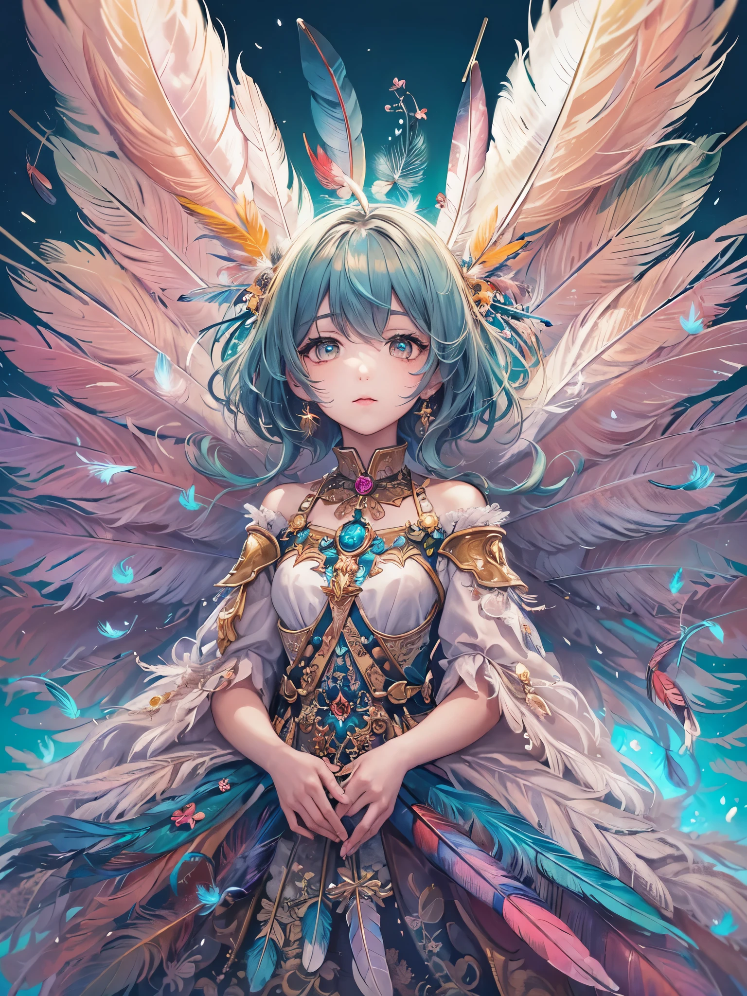 (best quality, masterpiece), (colorful:1.2),perfect face, best illustration, loli,(feather:1.6), incredibly absurdres, underwater,(fractal art:1.5),wings, (astral fairy), (mystical), high detailed official artwork, anime fantasy artwork, (epic fantasy), ((ethereal)),eastern costume,(dynamic angle),full body