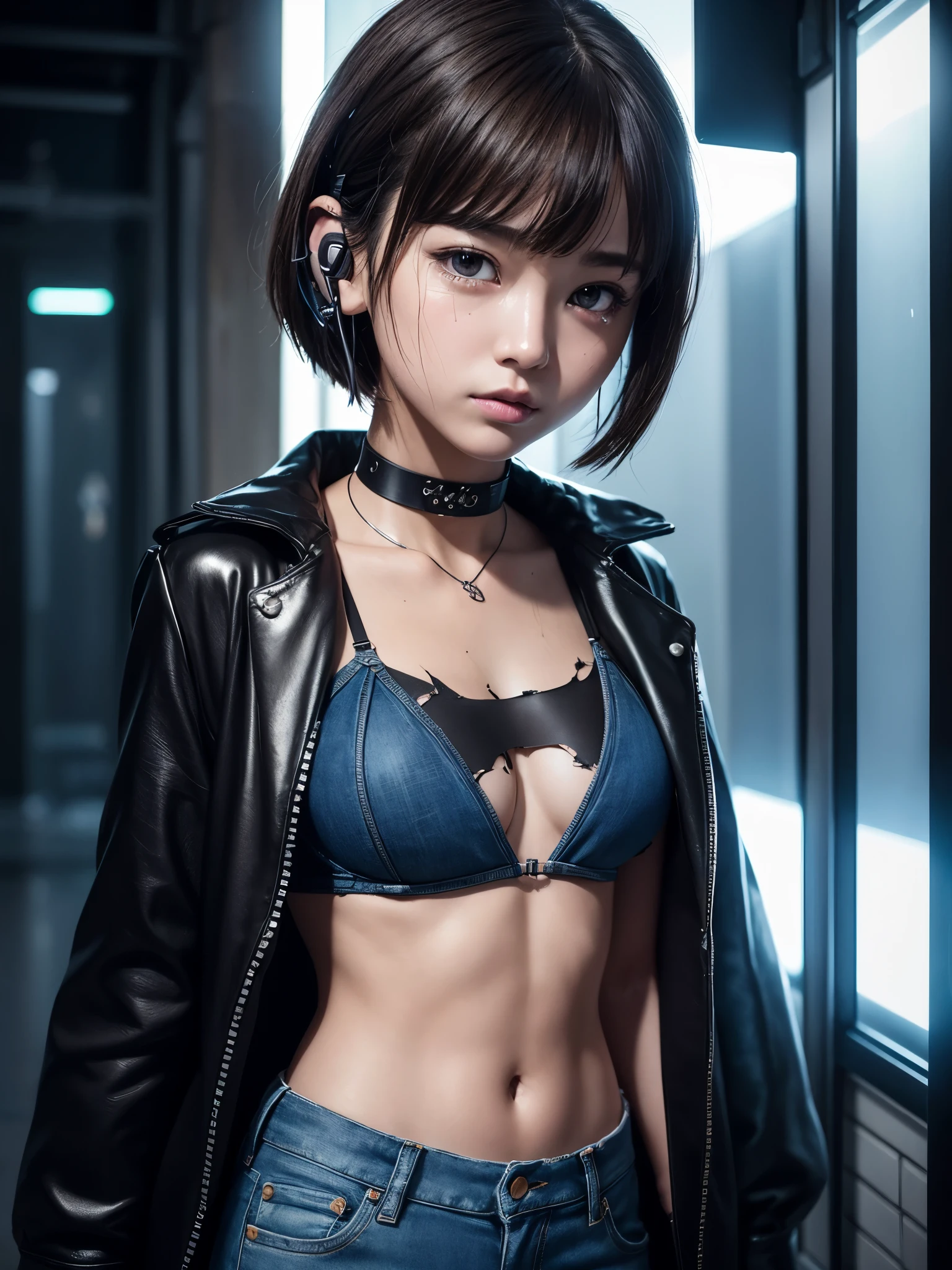 8K、master piece、highest quality、highest level、Highest image quality、muste piece、intricate details、high resolution、depth field、Natural light、professional lighting、(1 person)、solo、asian boyish girl、(cute:1.2)、very beautiful 18 year old cartoon girl、(high detail skin: 1.2)、Photorealistic anime girl rendering、Realistic anime 3D style、short bob cut、、beautiful light brown hair、強烈なblack eyes、strong eye highlights、very big breasts、perfect anatomy、(Torn and tattered damaged denim hot pants)、Wearing shorts、choker、hands behind the back、beautiful brown hair、short hair、crossed bangs、asymmetrical bangs、short bob cut、stick out ears、eyelashes、black eyes、crying and crying、(sophisticated headphones)、(Tattoo on the chest)、Body shiny with oil、Black leather jacket、(metallic bra)、Damaged blue short denim hot pants、it&#39;s raining、The body gets wet from the rain、Decadent and futuristic urban area in the evening、(cyberpunk city)、(Futuristic cars、flashing red light)、(Lightning is glowing)、(Flashing blue and purple neon tubes)、