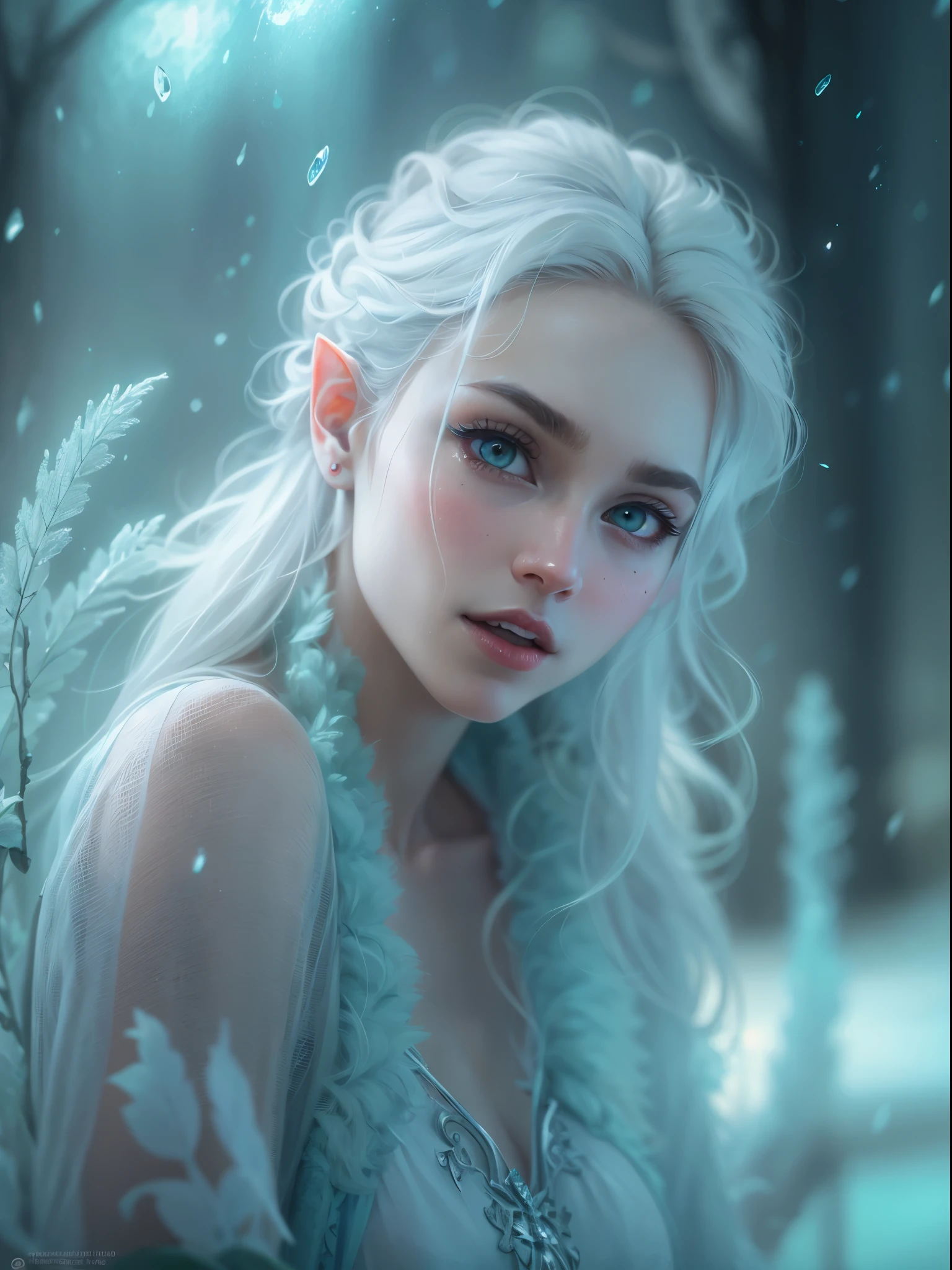 (best quality,4K,8k,high resolution,masterpiece:1.2), Super detailed, (actual,lifelike,photorealistic:1.37),Perfect work,backlight,(frozen rime:1.37,refracted light,Frost,transparent,(beautiful elf,Bright Eyes,Sharp teeth,white hair,messy hair),HDR,UHD,light,super fine painting,sharp focus,Physically based rendering,Extremely detailed description,major,Vibrant colorlur background。 Art style:portrait,Fantasy,magical creatures,Cold tones,Ethereal atmosphere。
