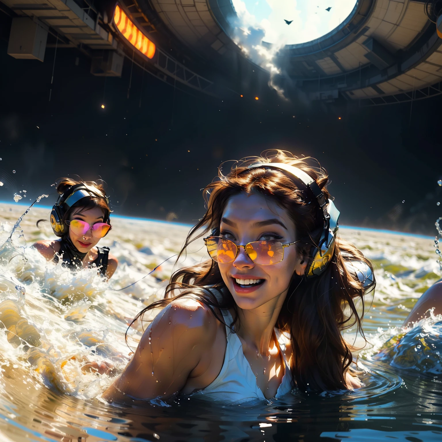 Astronaut style white and gold trim bikini (breast) and clear helmet, with a group of soldiers behind her, beautiful sci-fi art, beautiful smile, Girl is half way submerged in a small calm pool of water, Girl is wearing Hightech headphones, Girl is wearing reflexive sunglasses, waiting for a kiss, turning and looking at the camera, space warrior, sunrise over solar punk city, stoner rock, mars invasion, epic album art cover, sexy movie photo, cinemascope panorama, high stylized and 1940’s poster, cosmic style, 8k cinematic, golden ratio, cosmic mayhem, light particles, wet look, golden hour, realistic, masterpiece, highest quality, lens flare, shade, bloom, [[chromatic aberration]]