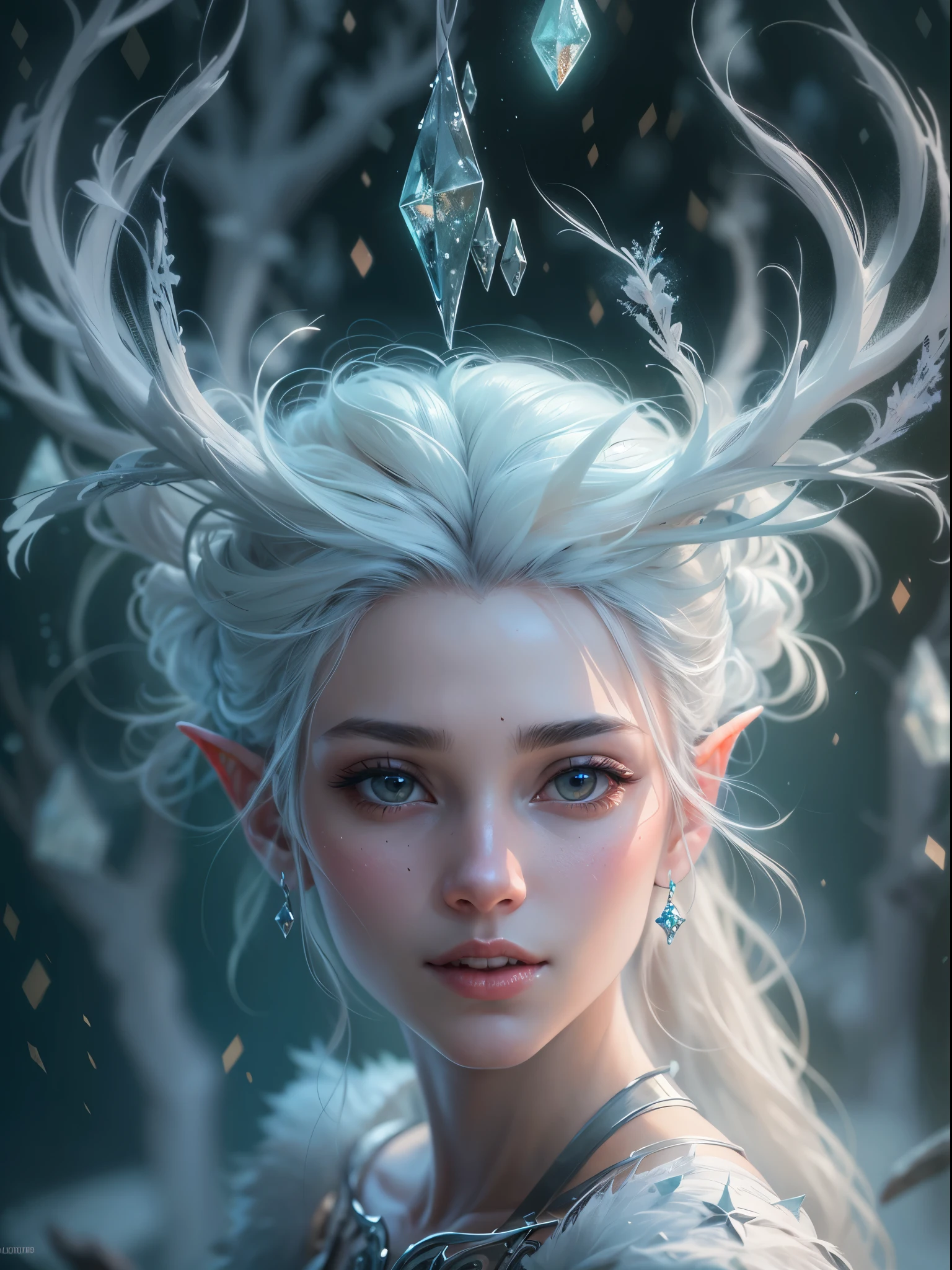 (best quality,4K,8k,high resolution,masterpiece:1.2), Super detailed, (actual,lifelike,photorealistic:1.37),Perfect work,backlight,(frozen rime:1.37,refracted light,Frost,transparent,(beautiful elf,Bright Eyes,teeth,white hair,crown),HDR,UHD,light,super fine painting,sharp focus,Physically based rendering,Extremely detailed description,major,Vibrant colorlur background。 Art style:portrait,Fantasy,magical creatures,Cold tones,Ethereal atmosphere。