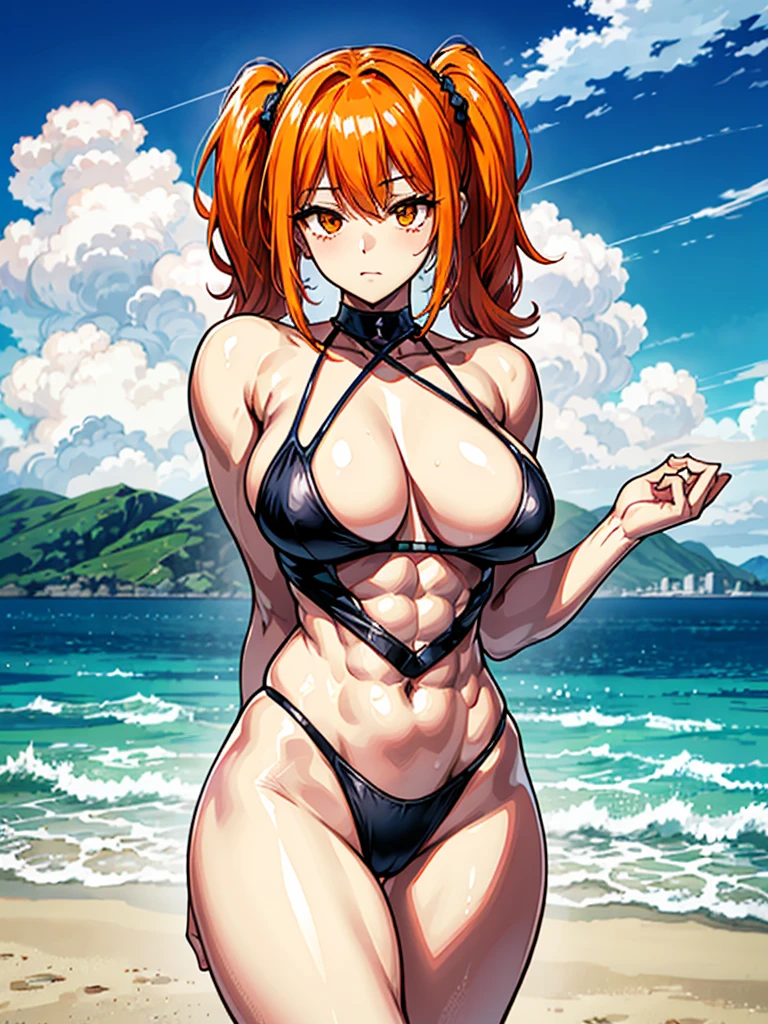 (((masterpiece、Highest image quality、highest quality、highly detailed unity 8kwallpaper)))、((Illustration of one girl))、(((beautiful girl)))、((orange hair、one side up:1.4、sidelocks:1.6、orange eyes))、(((stocky build:1.5, thickset physique:1.6, muscular legs, broad shoulders:1.6, solid chest:1.5)))、swimsuit、sandy beach