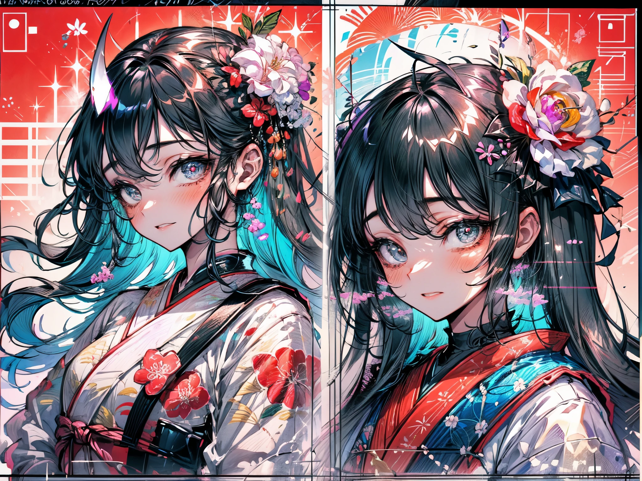 (best quality,masterpiece:1.2,intricate details:1.2),beautiful face,ukiyoe,1girl,a girl in patterned kimono,look at viewer:1.3,face tattoo:1.2,small oni horn,detailed hair,flowing brushstrokes,traditional Japanese art, vibrant colors, golden obi, delicate cherry blossoms, serene expression, traditional makeup, peaceful background, soft lighting