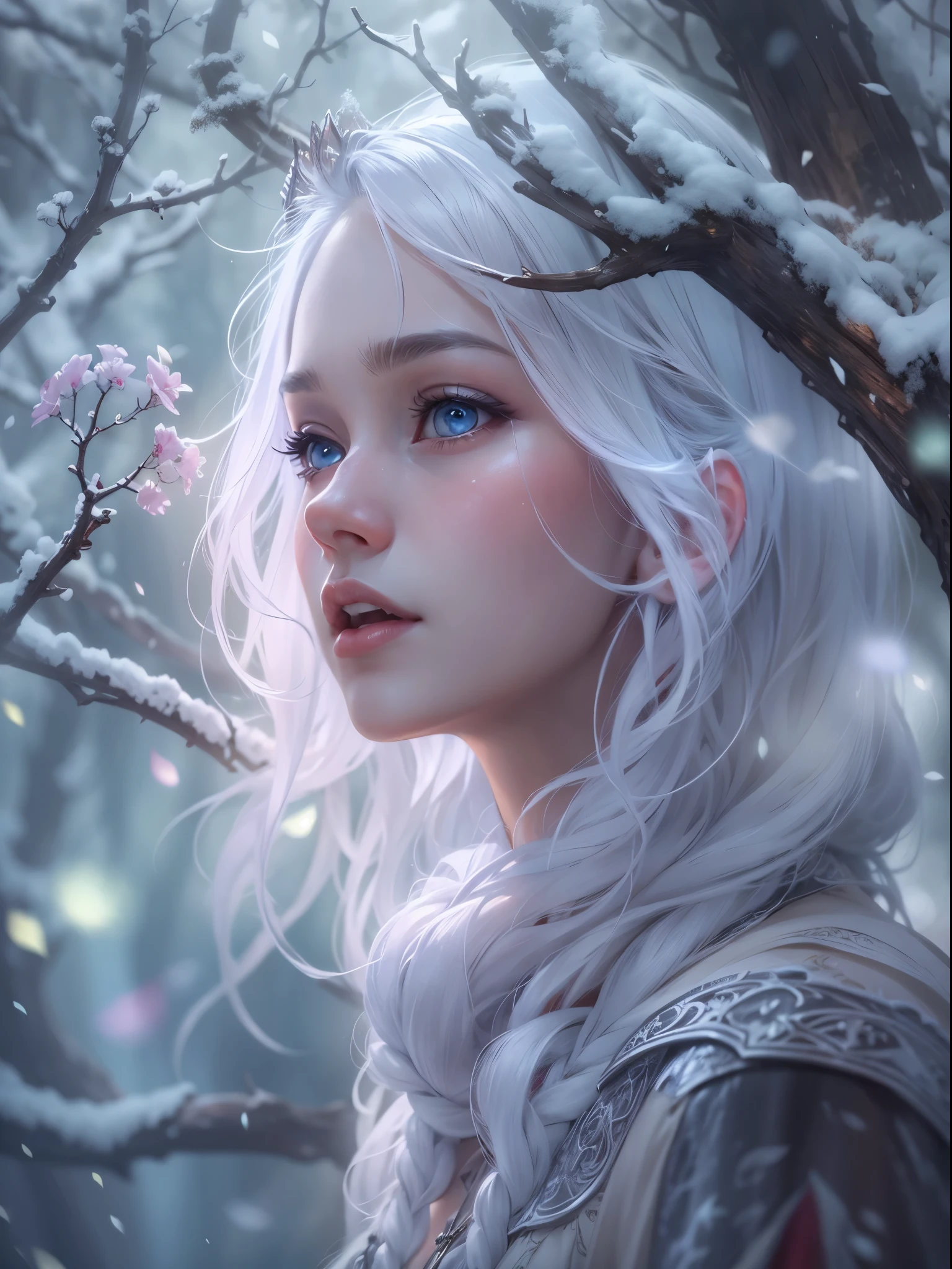 (best quality,4K,8k,high resolution,masterpiece:1.2), Super detailed, (actual,lifelike,photorealistic:1.37),Perfect work，backlight，（frozen rime：1.37，refracted light，Frost，transparent，（beautiful elf，Bright Eyes，teeth，white hair，crown），HDR，UHD，light，super fine painting，sharp focus，Physically based rendering，Extremely detailed description，major，Vibrant colorlur background。 Art style：portrait，Fantasy，magical creatures，Cold tones，Ethereal atmosphere。
