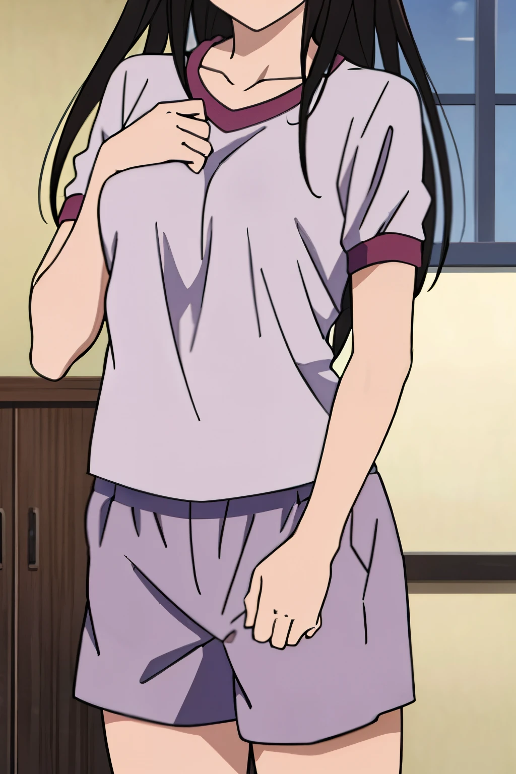 1girl,black hair, medium breast, gym short sleeve white shirt, gym shorts , cowboyshot, close up, solo, bedroom, looking at the viewer,