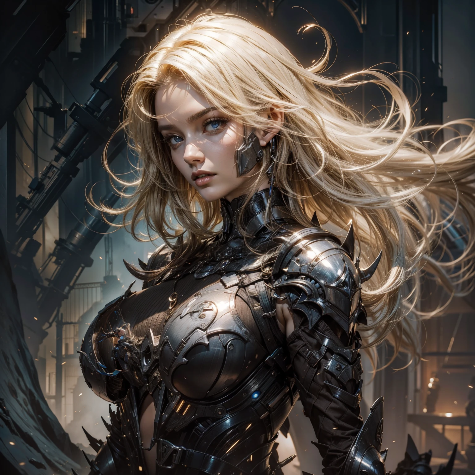 High-quality 4K, Beautiful light and shadow, Atmosphere, An attractive scene that evokes youth, Alien City, A blonde woman with long pointy ears who is a bounty hunter, (very beautiful detailed face), Symmetrical face, Detailed eyes, High-end clothing, Digital Painting, Detailed artwork, Sharp focus, Artistic depiction