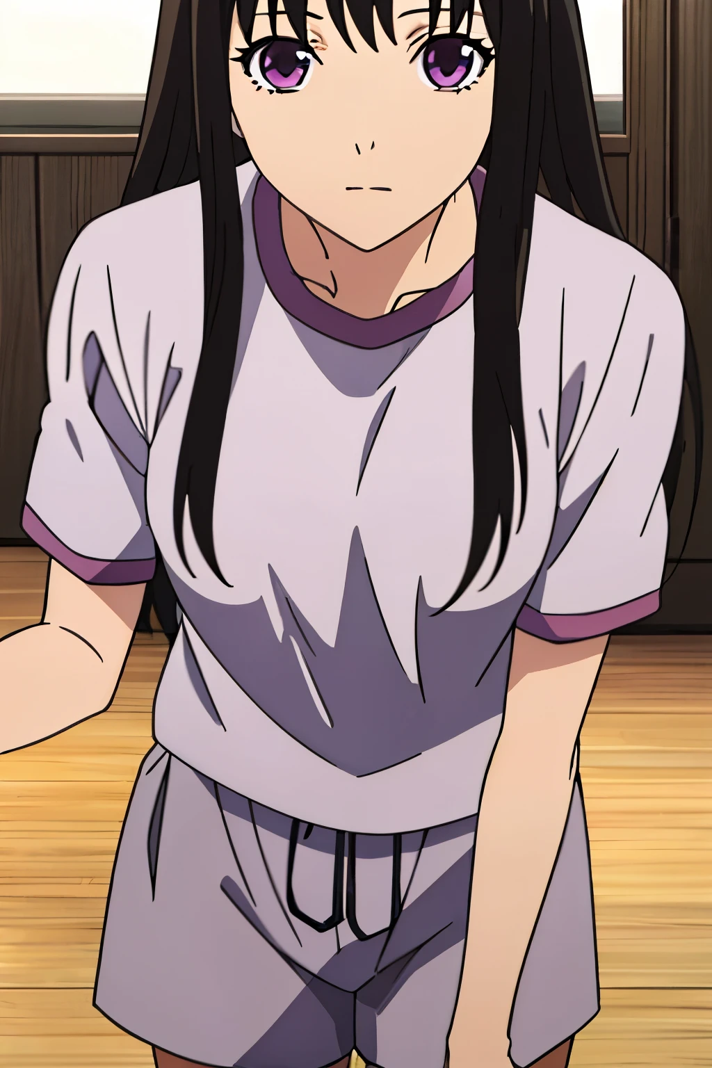 1girl,black hair, medium breast, gym short sleeve white shirt, gym shorts , cowboyshot, close up, solo, bedroom, looking at the viewer,