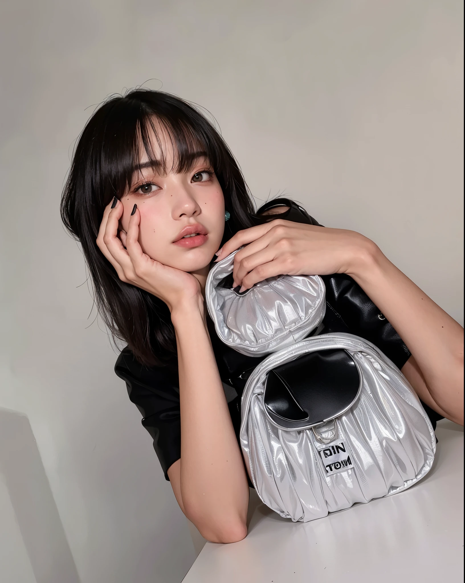 mujer araffe sosteniendo un bolso plateado con un top negro, kiko mizuhara, 2 0 2 0 moda, 😭 🤮 💕 🎀, 🤬 🤮 💕 🎀, por Emma Andijewska, 💣 💥, Lalisa Manoban de Blackpink, con flequillo, con flequillo completo, Lalisa Manobal, Best Sellers, gemma chen
