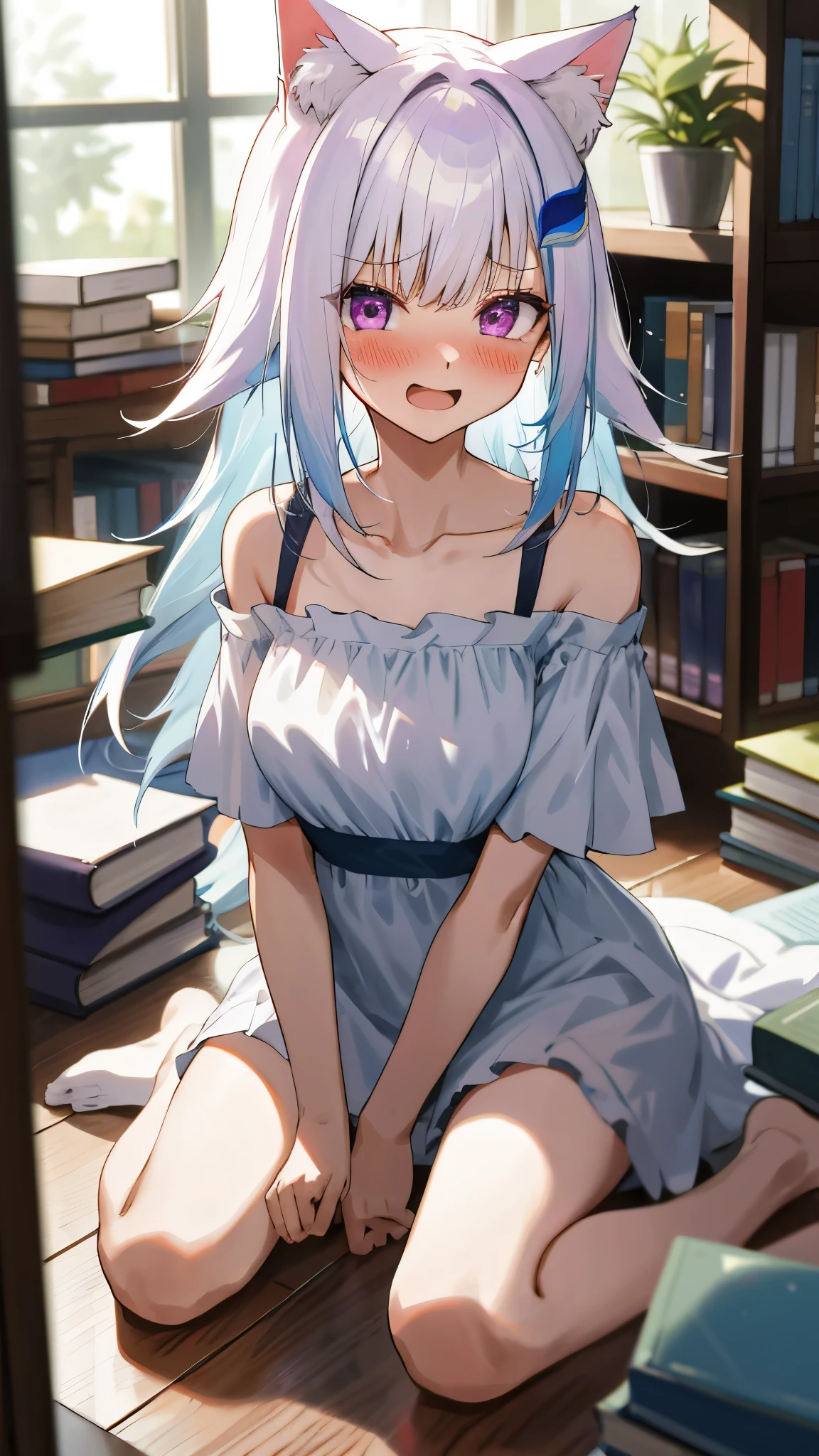 One girl with long messy hair, bangs, white hair, blue inner hair:1.25) , purple eyes, looking at viewer, blushing, embarrassed, open mouth, cat ears, cat tails, tears, indoor, bookshelf, window, in floor, books spreads, spread legs, kneeling pose, sitting, white dress, bare shoulders, collarbone, short sleeves, bare legs, mid-chest, day atmosphere, hair ornament, medium breasts, focus, blurry background, 