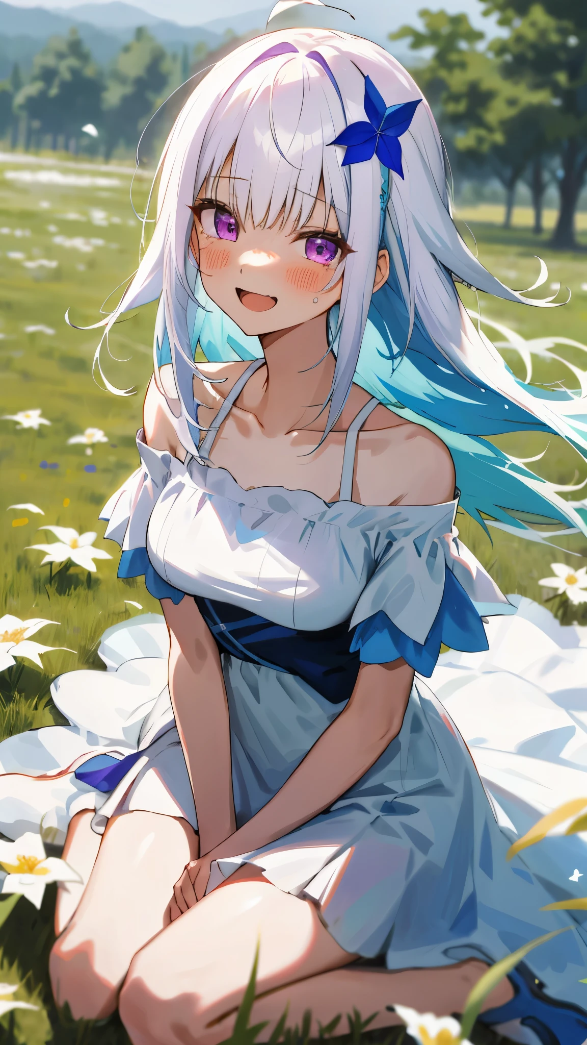 One girl with long messy hair, bangs, white hair, blue inner hair:1.25) , purple eyes, looking at viewer, blushing, little smile, tears, laughing, open mouth, smiling, outdoor, grass, flower, spread legs, kneeling pose, sitting, white dress, bare shoulders, collarbone, short sleeves, bare legs, mid-chest, day atmosphere, hair ornament, medium breasts, focus, blurry background, 