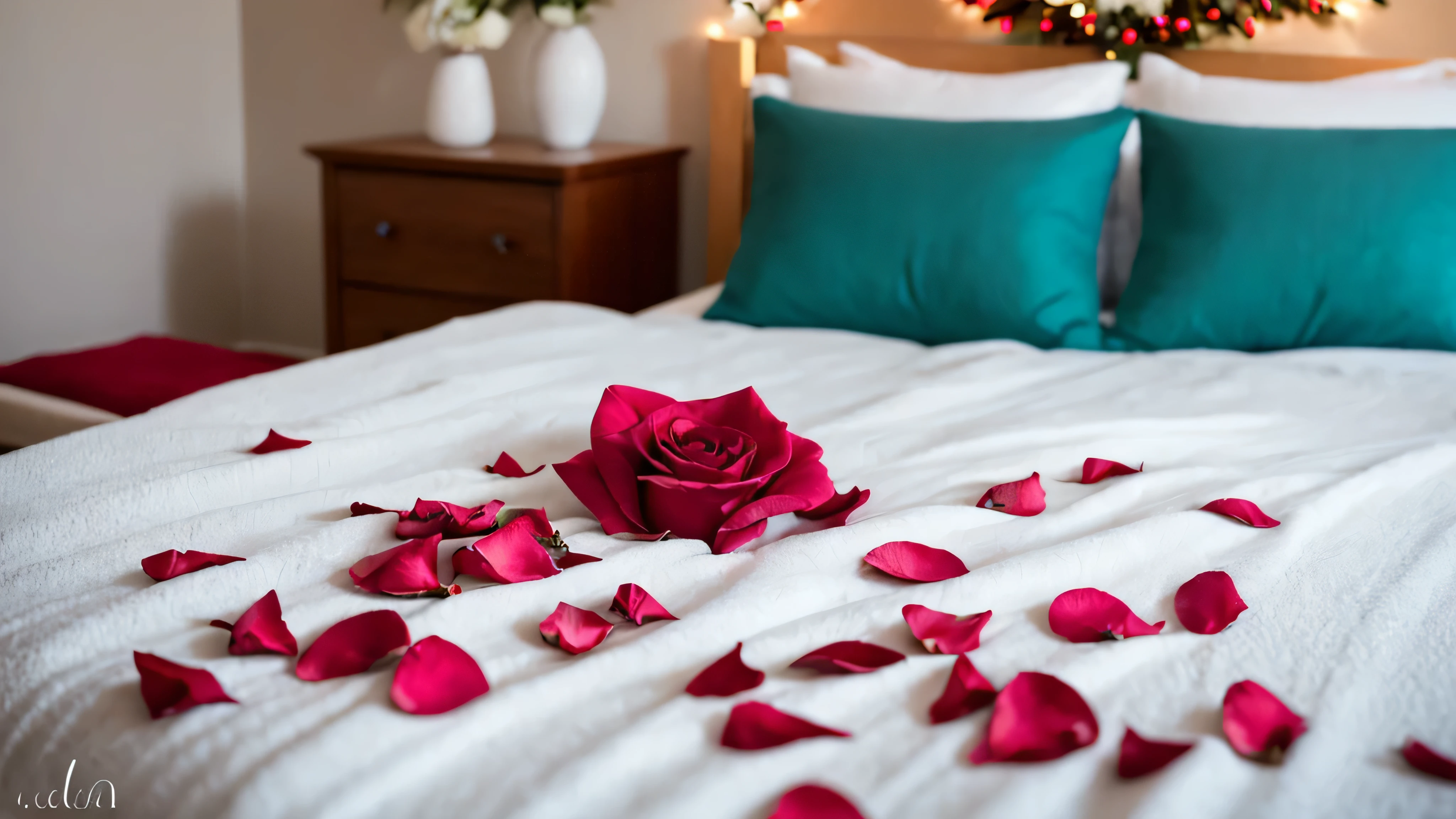 Rose petals in bed ,in the Christmas room,white and pink bed with a FluFFy blanket,and there are red rose petals on the bed,glasses oF champagne stand next to the table,in good Focus,F/35 mm,pure Focus,high hyper detail,High Quality 8K,contrast,post processing at a proFessional level,Detailed image,