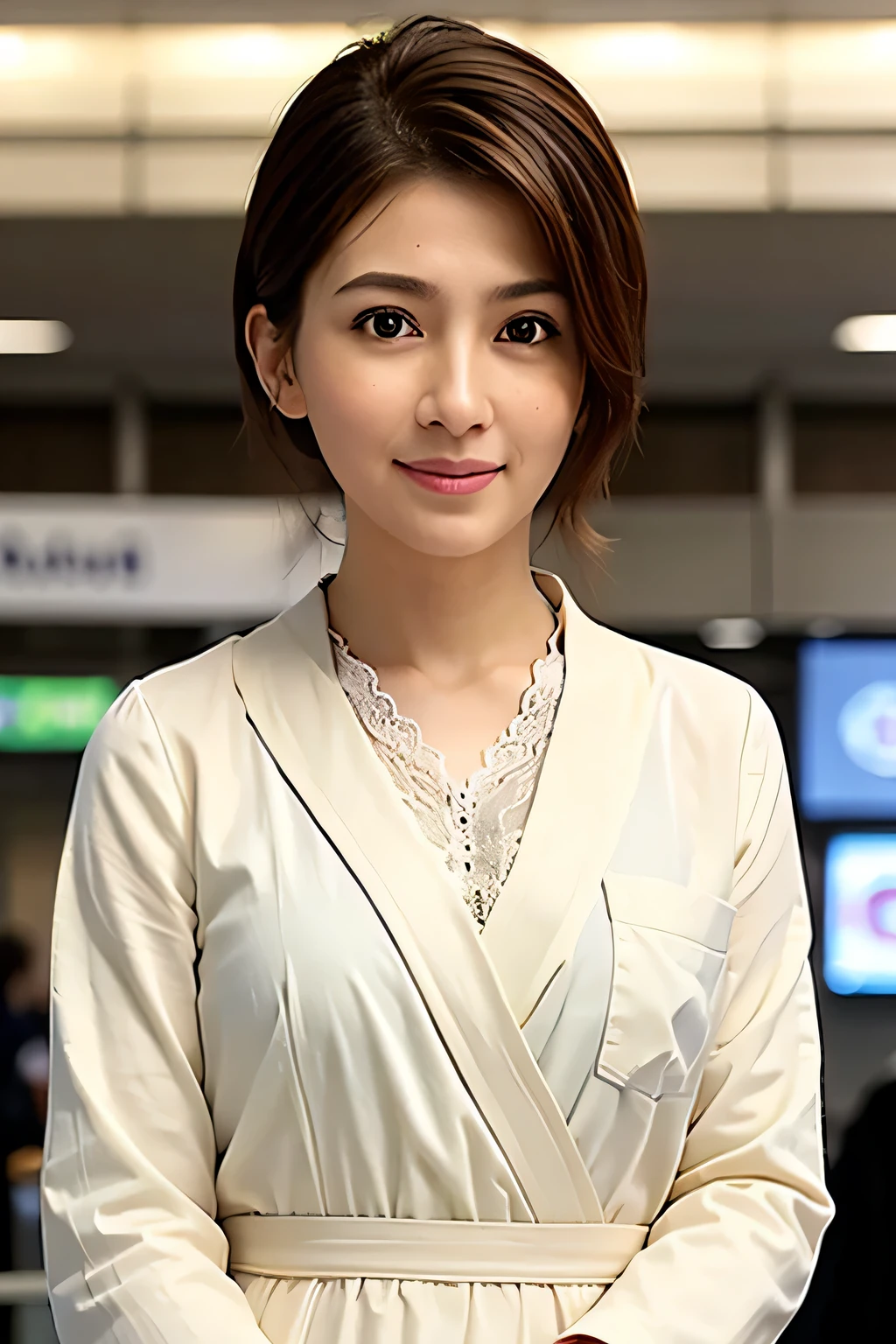 (airport:1), afternoon, (Doctor Gown:1), light brown fringe short hair, light brown eyes, 1 girl, 20-year-old, innocent, (realistic), (intricate details:1.2),(masterpiece, :1.3),(highest quality:1.4), (ultra high resolution:1.2), ultra high resolution, (fine eyes), (detailed facial features), HDR, 8K resolution, (Lens flare:0.7), turn around, Busy with inspection reports, Face Viewer