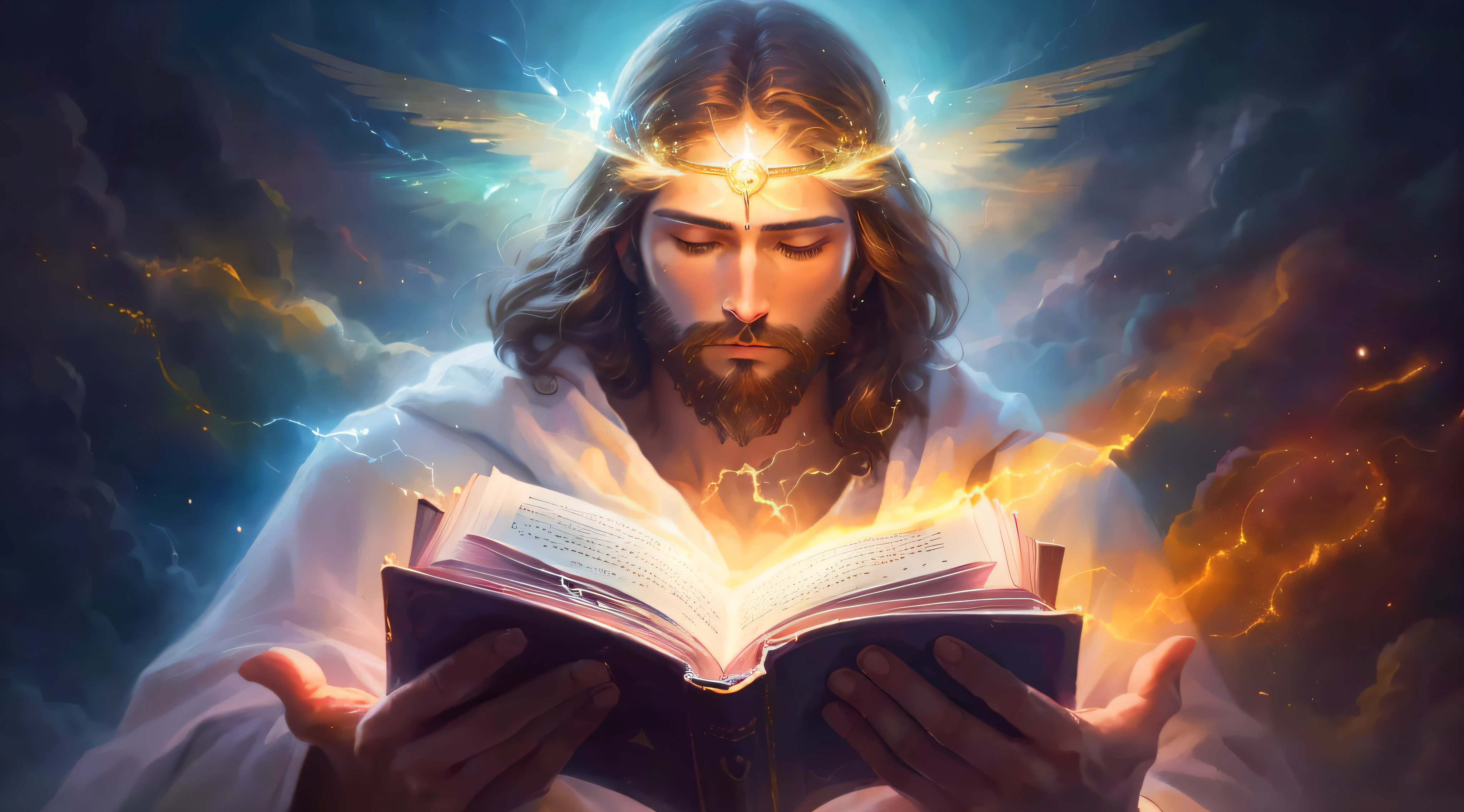 A painting of Jesus reading a book with a shining halo, bible illustration, holy fire spell art, O Senhor e Salvador, Jesus Cristo, imagens religiosas, sua mente contemplando a eternidade, sacred flame spell, glowing halo above his head, beautiful representation, imagens sagradas, arte conceitual de deus, Dirigido por: Aleksander Gierymski, artistic depiction, Raios de Luz Sagrada Sagrada e a coroa