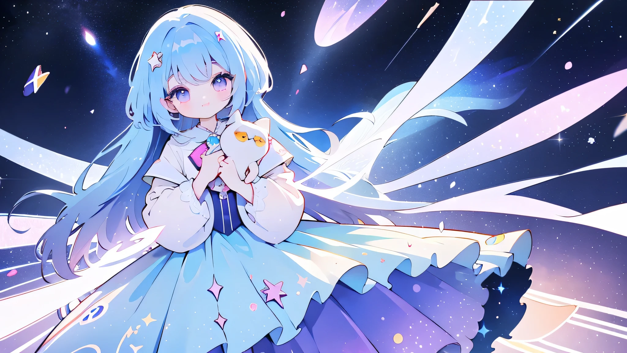 A magical girl,Light long hair,cute big eyes,sweet smile,Wearing a blue-purple magic dress,Holding a star doll,in front of a sky full of stars