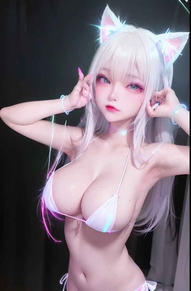 (long shot), 3D, 3D model, unreal engine, 1 girl, alone, (neon wireless cat ear headphones:1.2), (exquisite female body、exquisite breasts、Micro bikini that glows under UV black light neon light:1.2), bedroom、shiny pink bed in hotel、midnight、 sunset, detailed person、detailed scenic view、Depth of bounds written, ((oil skin,sparkling skin、realistic skin texture、detailed beautiful skin、shiny skin、shiny white skin、beautiful shiny lipstick、mine makeup))