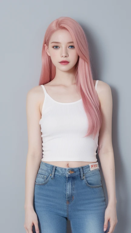 realistic, pink hair white girl, blue jeans, black tank top, 
