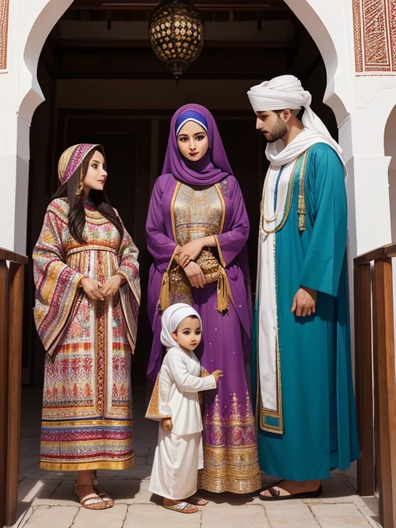 The husband and wife wear traditional Moroccan clothing. Their facial features are Moroccan. The husband shines in a djellaba and fez, while the wife wears an akhdhu caftan decorated with exquisite embroidery and decorates her head with a traditional hijab.. The three children, the boy, the girl and the , also wear traditional Moroccan clothes in bright colors and artistic patterns, with wonderful coordination between the pieces..