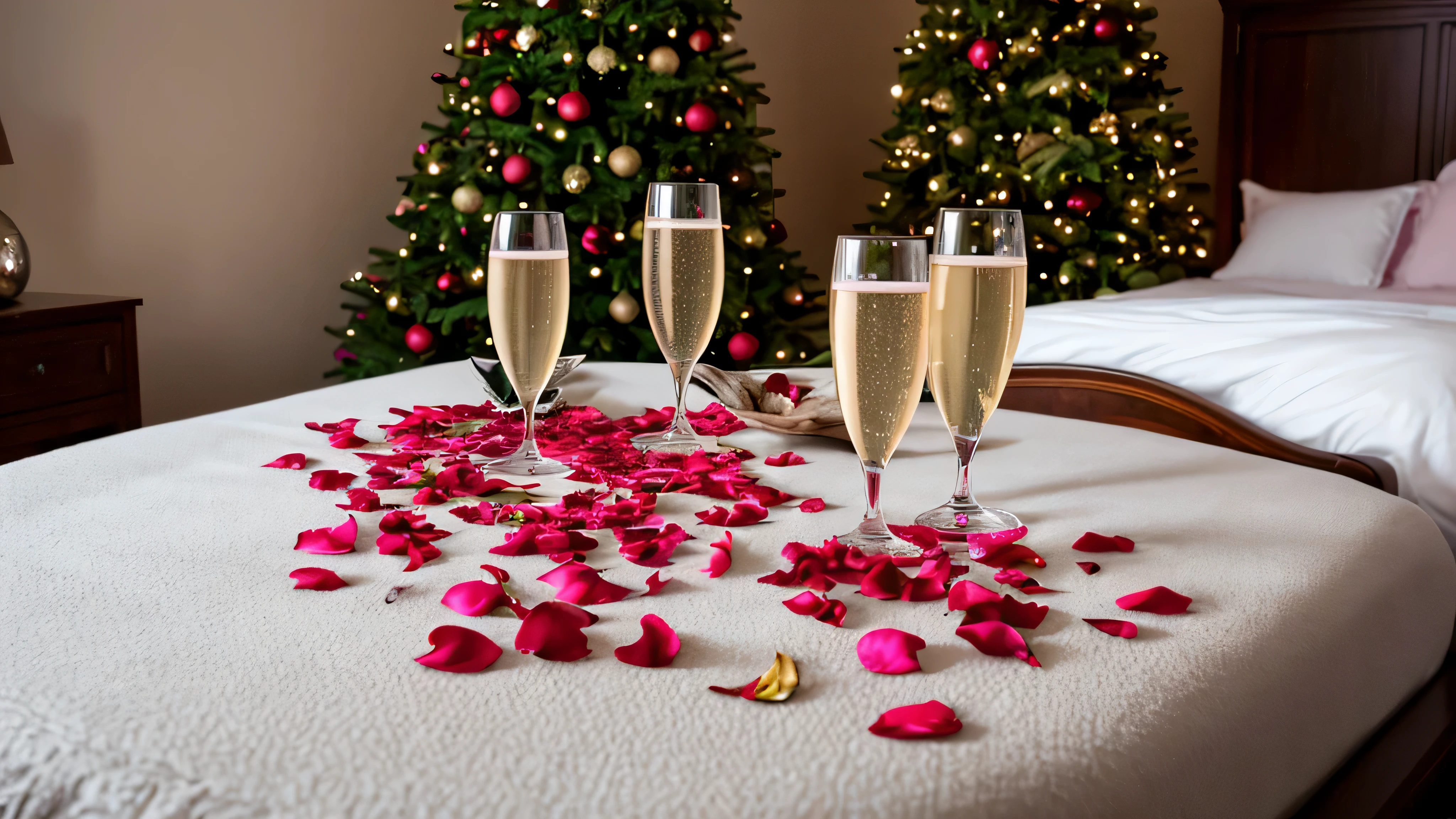 Rose petals in bed ,in the Christmas room,the bed is white and pink with a FluFFy plaid,and red rose petals on the bed,Champagne glasses stand next to each other on the table,in good Focus,F/35 mm,pure Focus,high hyper detail,High Quality 8K,contrast,post processing at a proFessional level,Detailed image,