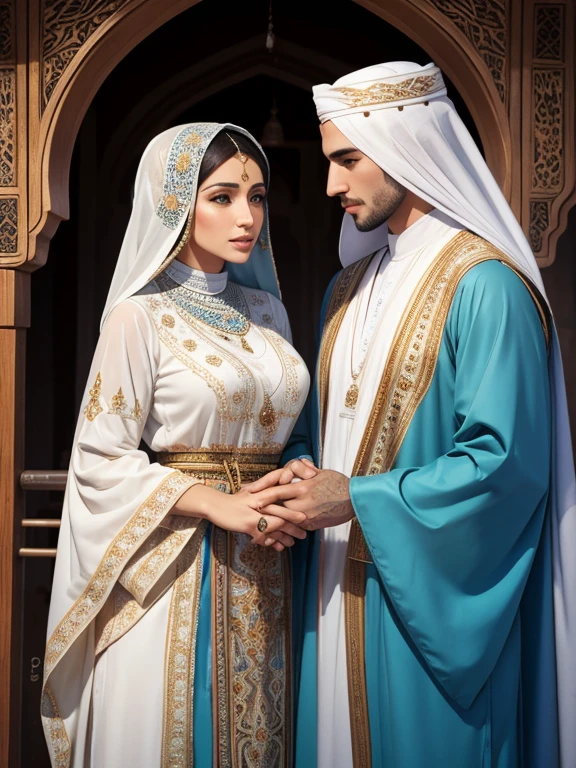 The husband and wife wear traditional Moroccan clothing, their facial features are Moroccan, where the husband shines in a djellaba, while the wife wears an akhdhu caftan decorated with exquisite embroidery and decorates her head with a traditional hijab.. They also wear traditional Moroccan clothing in bright colors and artistic patterns, with wonderful coordination between the pieces.