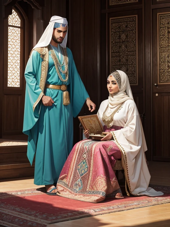 The husband and wife wear traditional Moroccan clothing, their facial features are Moroccan, where the husband shines in a djellaba, while the wife wears an akhdhu caftan decorated with exquisite embroidery and decorates her head with a traditional hijab.. They also wear traditional Moroccan clothing in bright colors and artistic patterns, with wonderful coordination between the pieces.