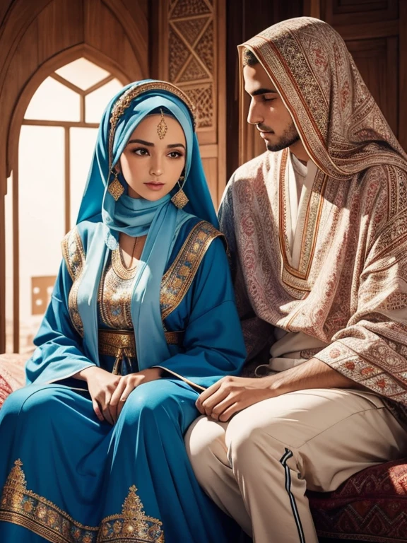 The husband and wife wear traditional Moroccan clothing, their facial features are Moroccan, where the husband shines in a djellaba, while the wife wears an akhdhu caftan decorated with exquisite embroidery and decorates her head with a traditional hijab.. They also wear traditional Moroccan clothing in bright colors and artistic patterns, with wonderful coordination between the pieces.