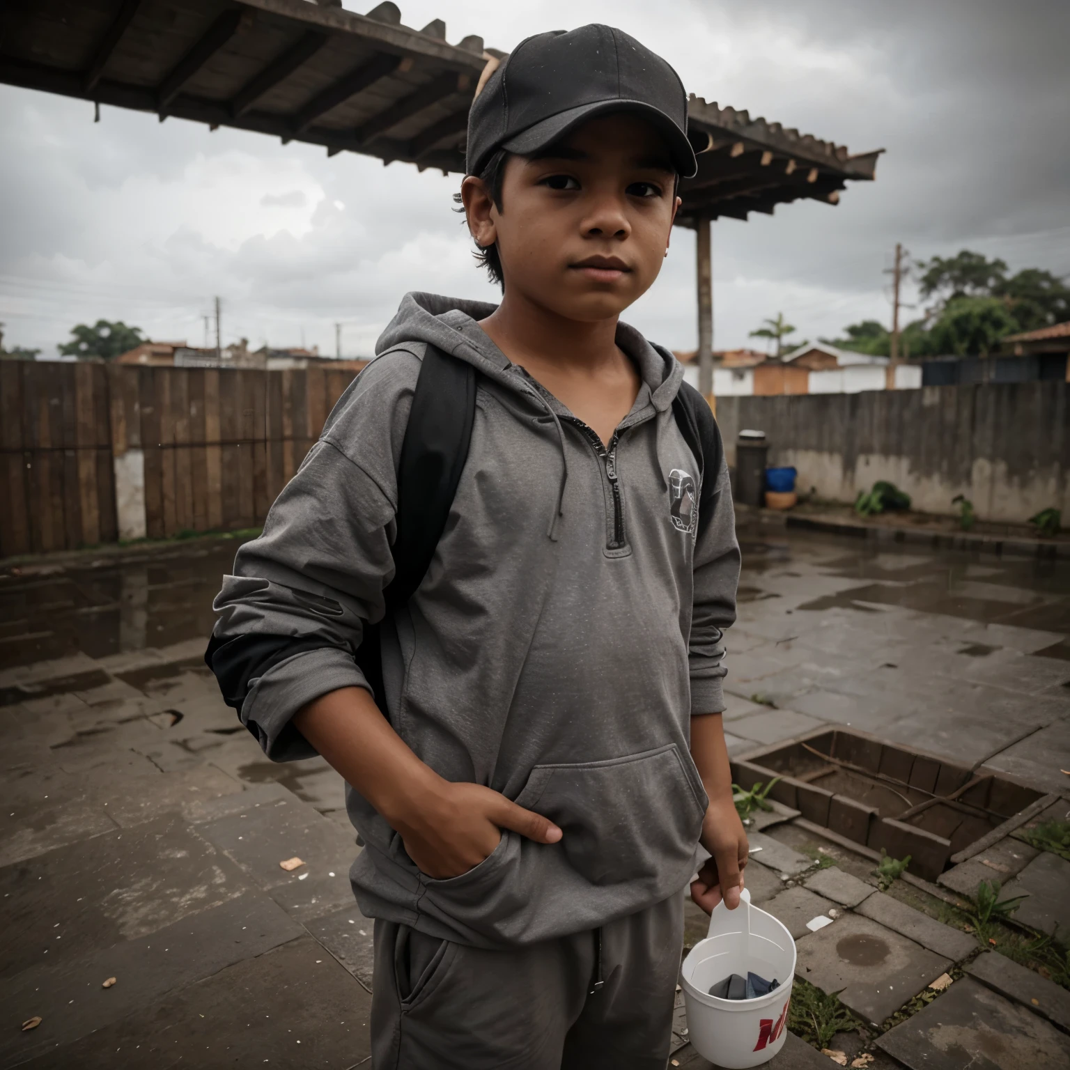 Menino pobre , mexendo no lixo, grey sky,