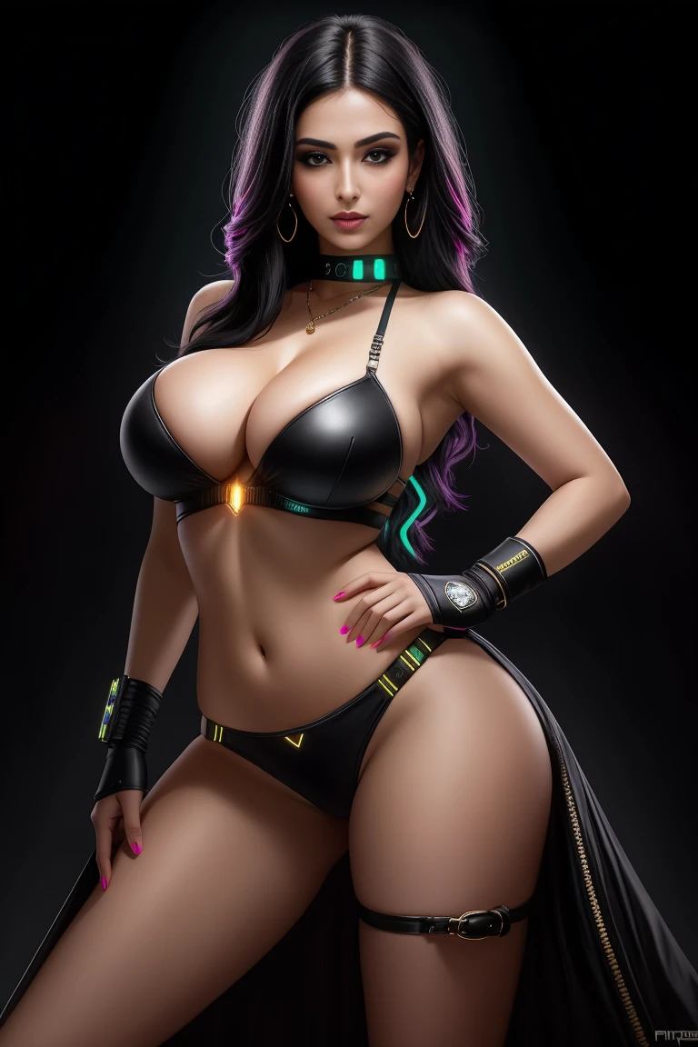 there is a beautiful Persian woman standing, 3 d neon art of a woman's body, neon-noir background, cyberpunk femme fatale, seductive cyberpunk dark fantasy, cyberpunk strip clubs, cyberpunk 20 y. o model girl, oppai cyberpunk, banner, high definition cgsociety, cgsociety masterpiece, trending on cgstation, kda, random hair, looking at camera, gigantic breasts, cleavage, (high detailed skin:1.2), 8k uhd, dslr, super lighting, high quality, film grain, high res, highly detailed, hyper realistic, beautiful face, beautiful body, beautiful eyes nose lips, alluring expression, very bold, upper boobs visible, full body photo, standing legs apart, pale translucent glowing skin, most beautiful face, cute, (well defined pubic hair:1.2)), (dark plain black background:1.4))