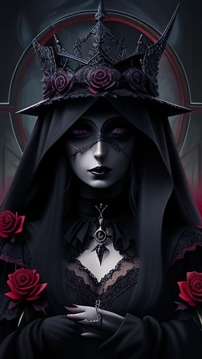 uma mulher com capuz e rosas no cabelo, estilo de fantasia sombria art, in style of arte de fantasia sombria, gothic fantasy art, arte escura de fantasia, arte de fantasia sombria, gothic maiden, she is the queen of black roses, fantasia sombria misturada com realismo, estilo de fantasia sombria, gothic maiden of the dark, gothic art, arte digital escura, mas detalhada, arte de fantasia sombriawork