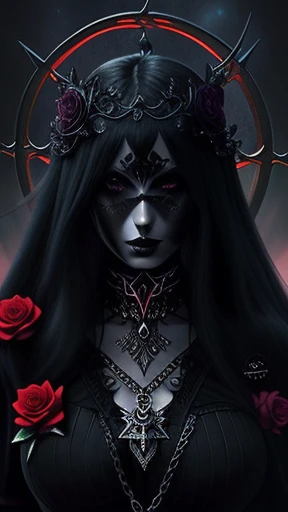 uma mulher com capuz e rosas no cabelo, estilo de fantasia sombria art, in style of arte de fantasia sombria, gothic fantasy art, arte escura de fantasia, arte de fantasia sombria, gothic maiden, she is the queen of black roses, fantasia sombria misturada com realismo, estilo de fantasia sombria, gothic maiden of the dark, gothic art, arte digital escura, mas detalhada, arte de fantasia sombriawork