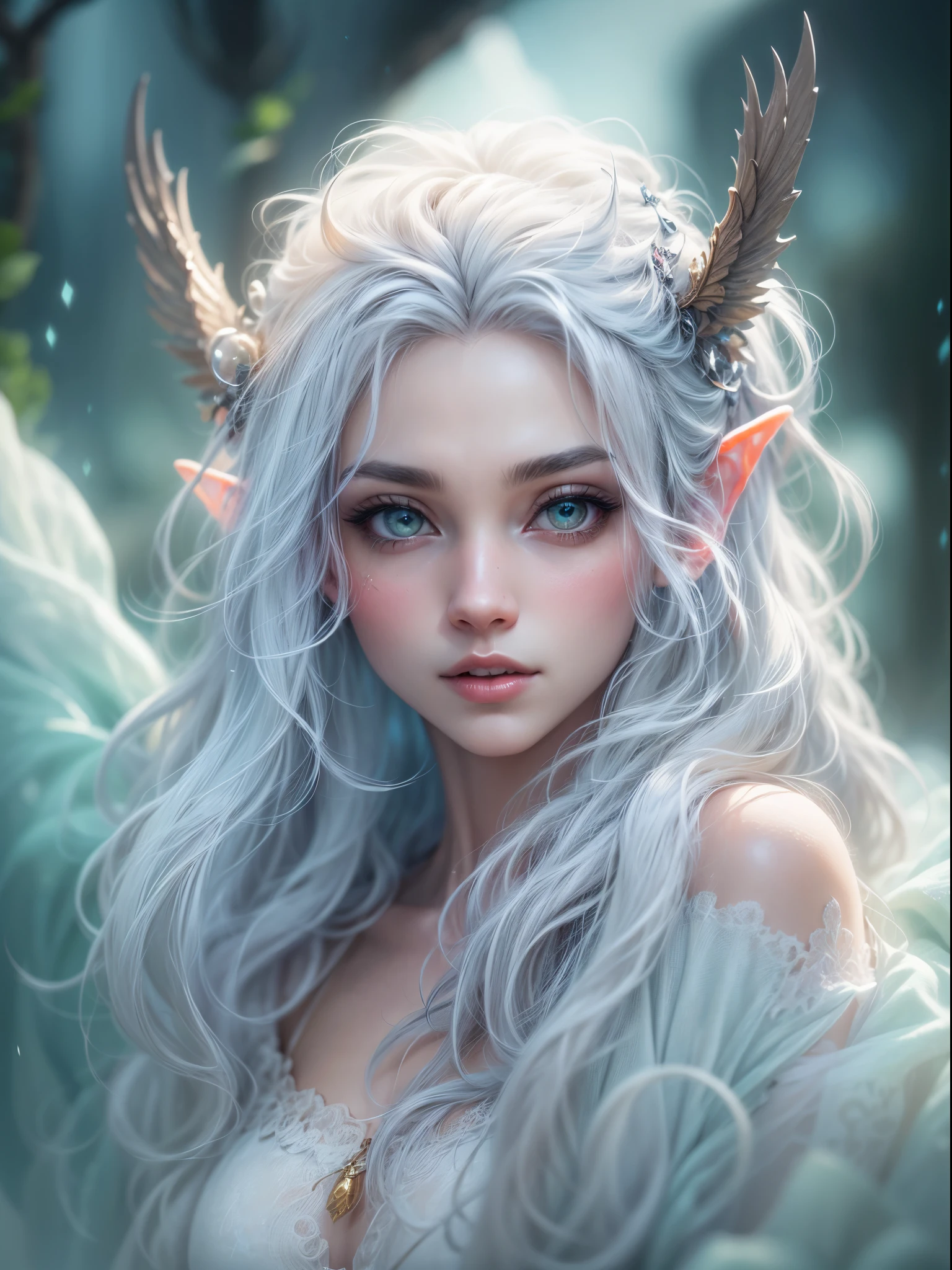 (best quality,4K,8k,high resolution,masterpiece:1.2), Super detailed, (actual,lifelike,photorealistic:1.37),Perfect work，（（（Beautiful magical elf，elf earright Eyeetal tassel eyeglass frames，Sharp teeth，white hair，voluminous and messy hair，Shoulder）））。backlight，frozen rime，refracted light，Frost，transparent。，HDR，UHD，light，super fine painting，sharp focus，Physically based rendering，Extremely detailed description，major，Vibrant colorlur background。 Art style：portrait，Fantasy，magical creatures，Cold tones，Ethereal atmosphere。