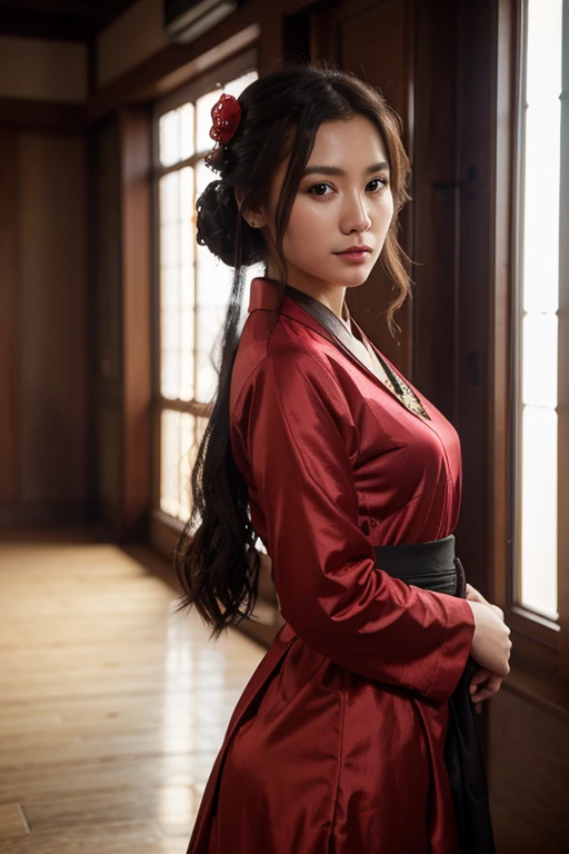 best quality, masterpiece, highres, 1girl, china hanfu,chinese architect background, red scarf, hair ornament,necklace, jewelry,Beautiful face,upon_body, tyndall effect,photorealistic, dark studio, rim lighting, two tone lighting,(high detailed skin:1.2), 8k uhd, dslr, soft lighting, high quality, volumetric lighting, candid, Photograph, high resolution, Bokeh,red dress girl