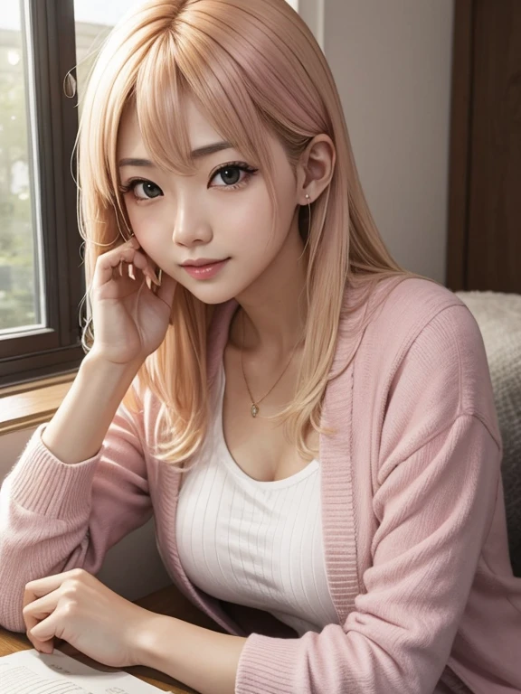 Marin Kitagawa, 25 years old, blonde hair that changes to pink at the tips, pink contacts, flirty, happy, optimistic, mature, beautiful