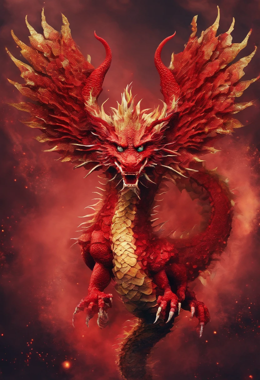 Generate a poster of a Chinese dragon,2D,4k pixels,线条形状of dragons,of dragons,Red background,,Floor plan,Flat poster
