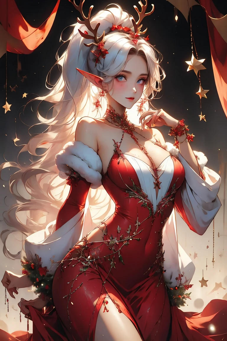 masterpiece, wrenchsjoyfuljingle, gown, reindeer antlers, red dress, light smile, detached sleeves, white hair, high ponytail, long hair, elf, luscious thighs, blue eyes, pointy ears, jewelry,