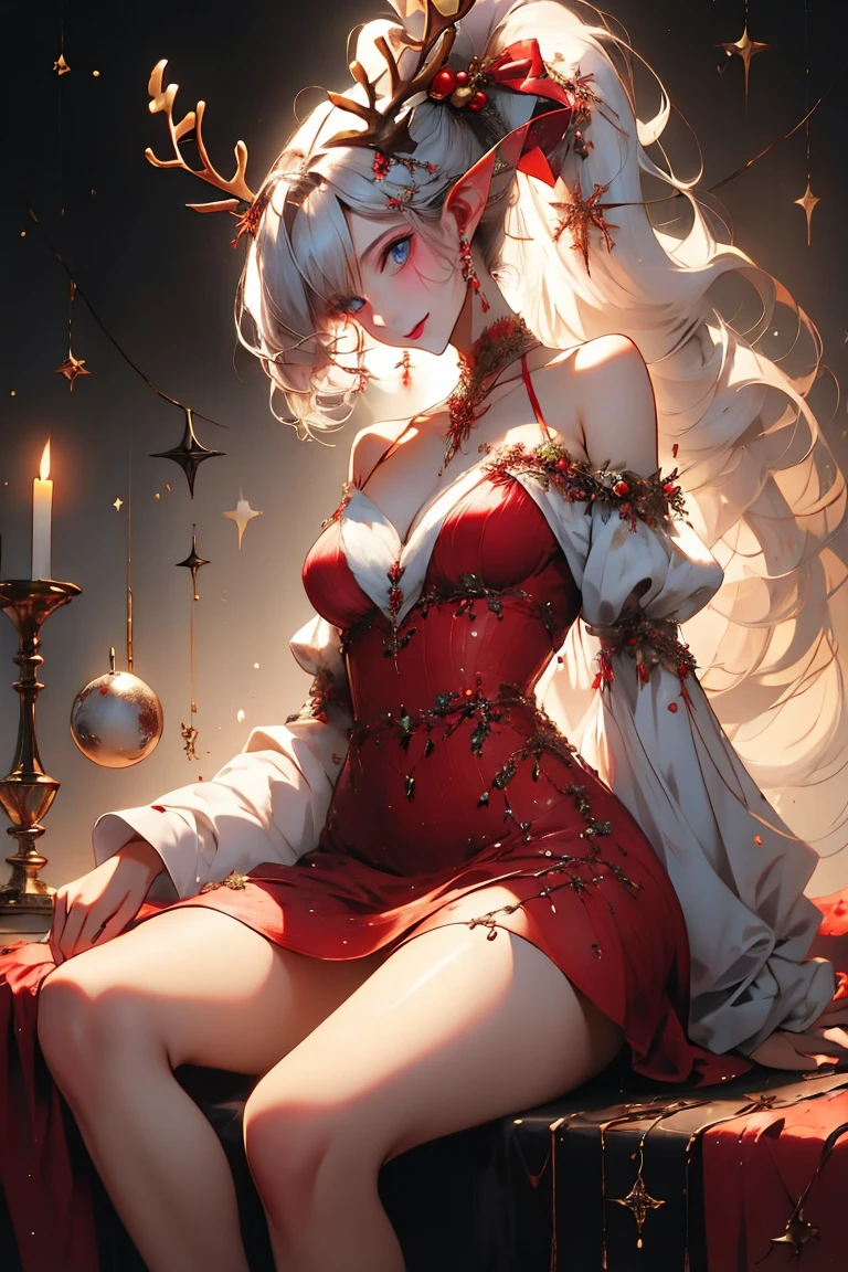 masterpiece, wrenchsjoyfuljingle, gown, reindeer antlers, red dress, light smile, detached sleeves, white hair, high ponytail, long hair, elf, luscious thighs, blue eyes, pointy ears, jewelry,